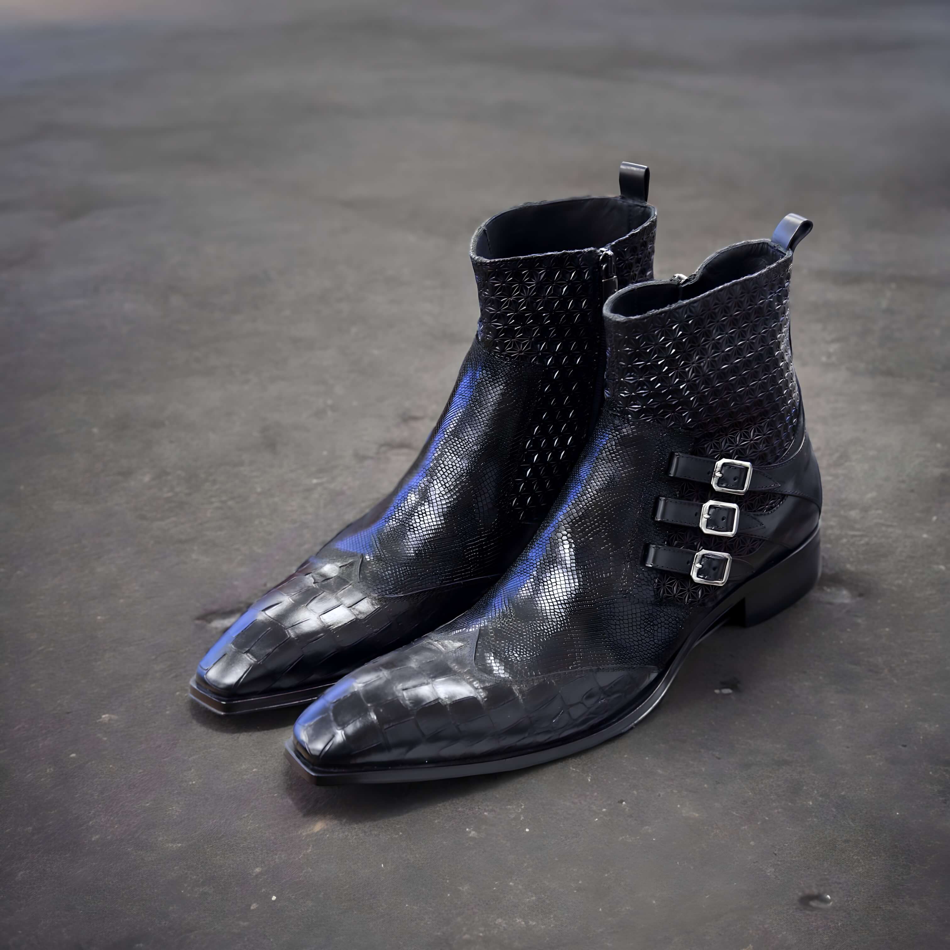 Jo Ghost 4991 Men's Shoes Black Texture Print Calf-Skin Leather Multi-Buckle Boots (JG5359)