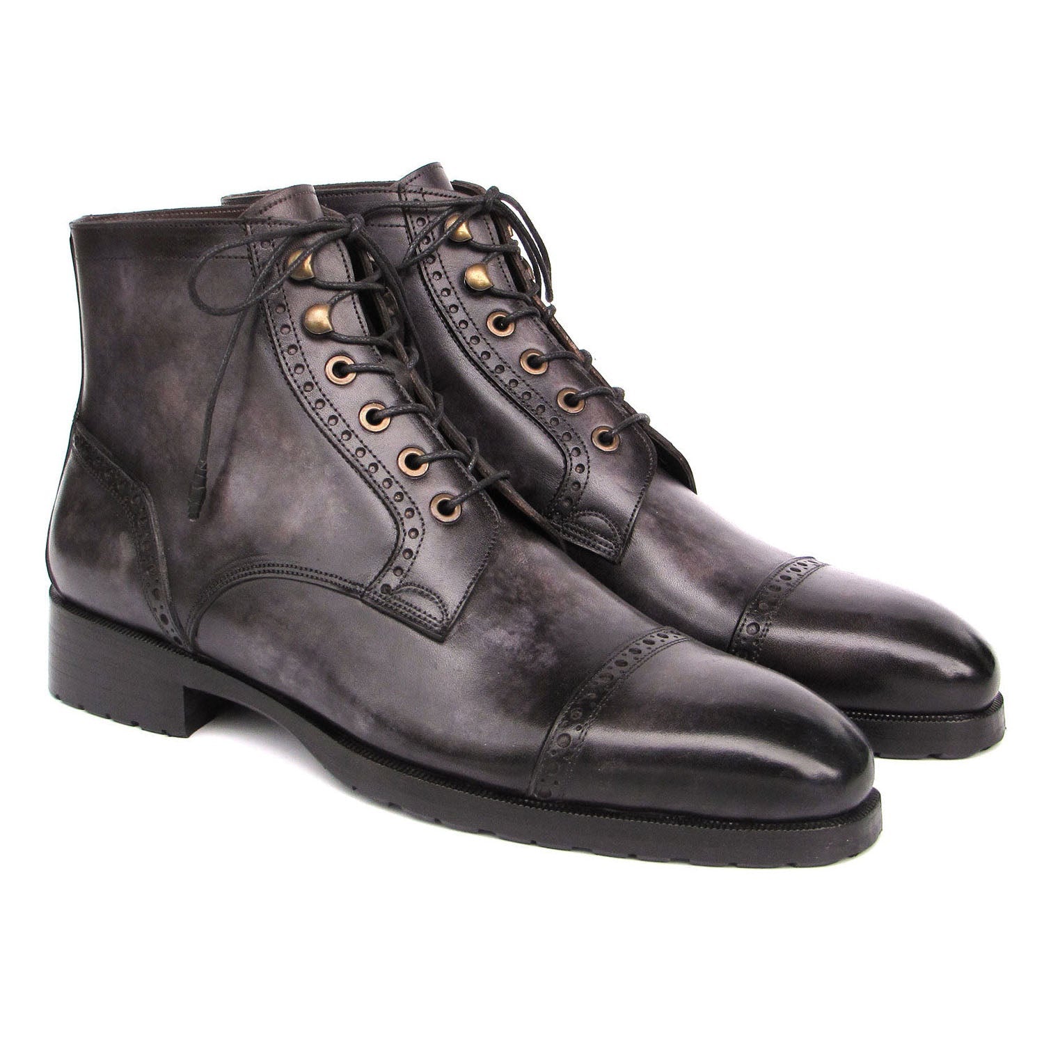 Paul Parkman BT9566-GRY Men's Shoes Gray & Black Hand Painted Leather Cap Toe Boots (PM6405)