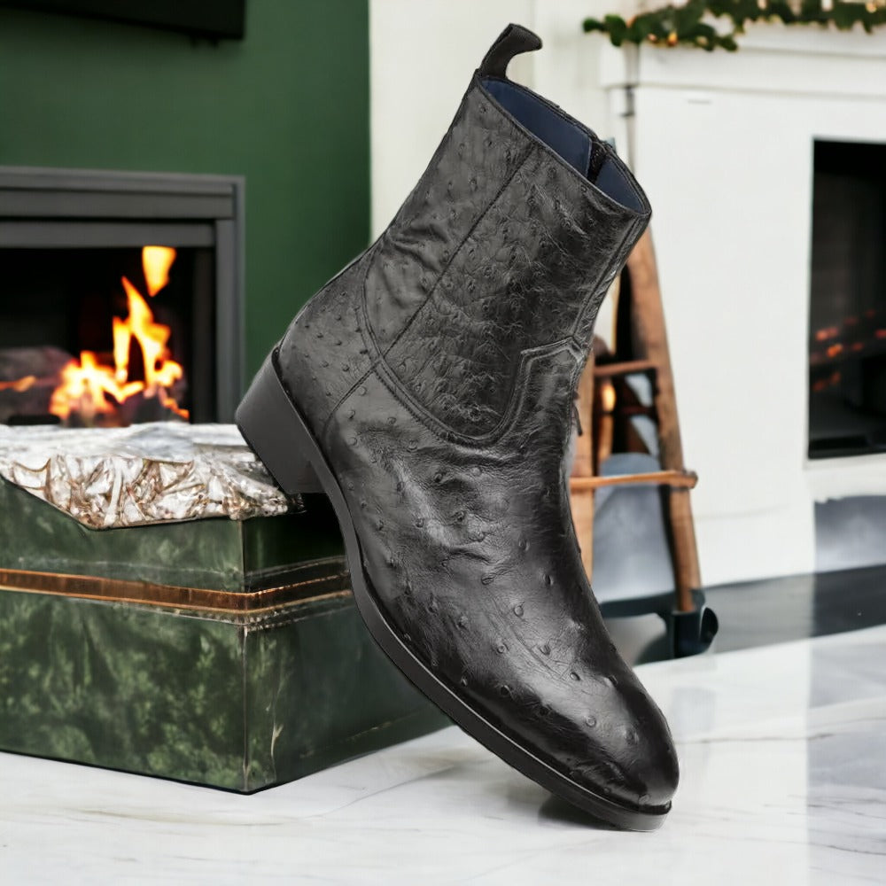 Mezlan SX4798-S Men's Shoes Black Exotic Ostrich Straight-Heel Zipper Boots (MZS3436)