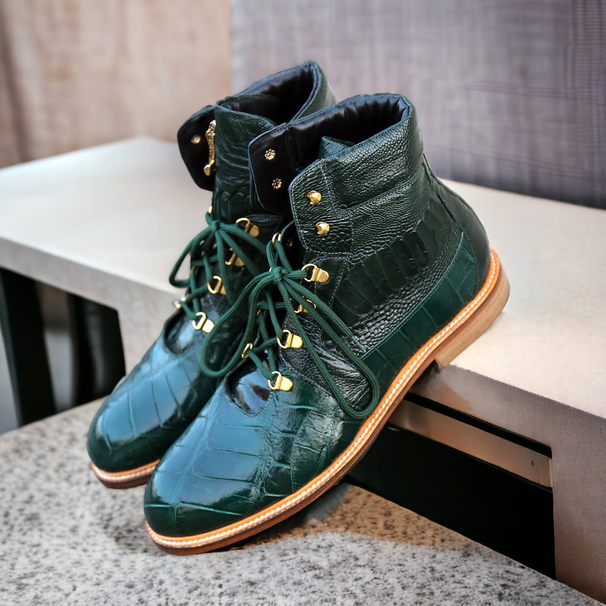 Mauri 4986 Tracker Men's Shoes Forest Green Exotic Alligator / Ostrich Leg Lace-up Boots (MA5508)