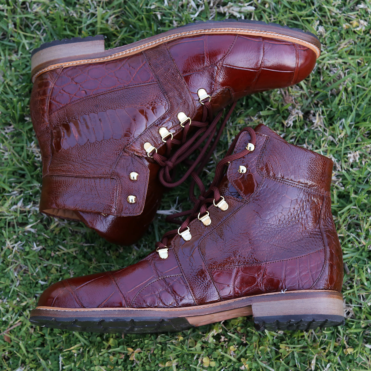 Mauri 4986 Tracker Men's Shoes Gold Exotic Alligator / Ostrich Leg Lace-up Boots (MA5507)