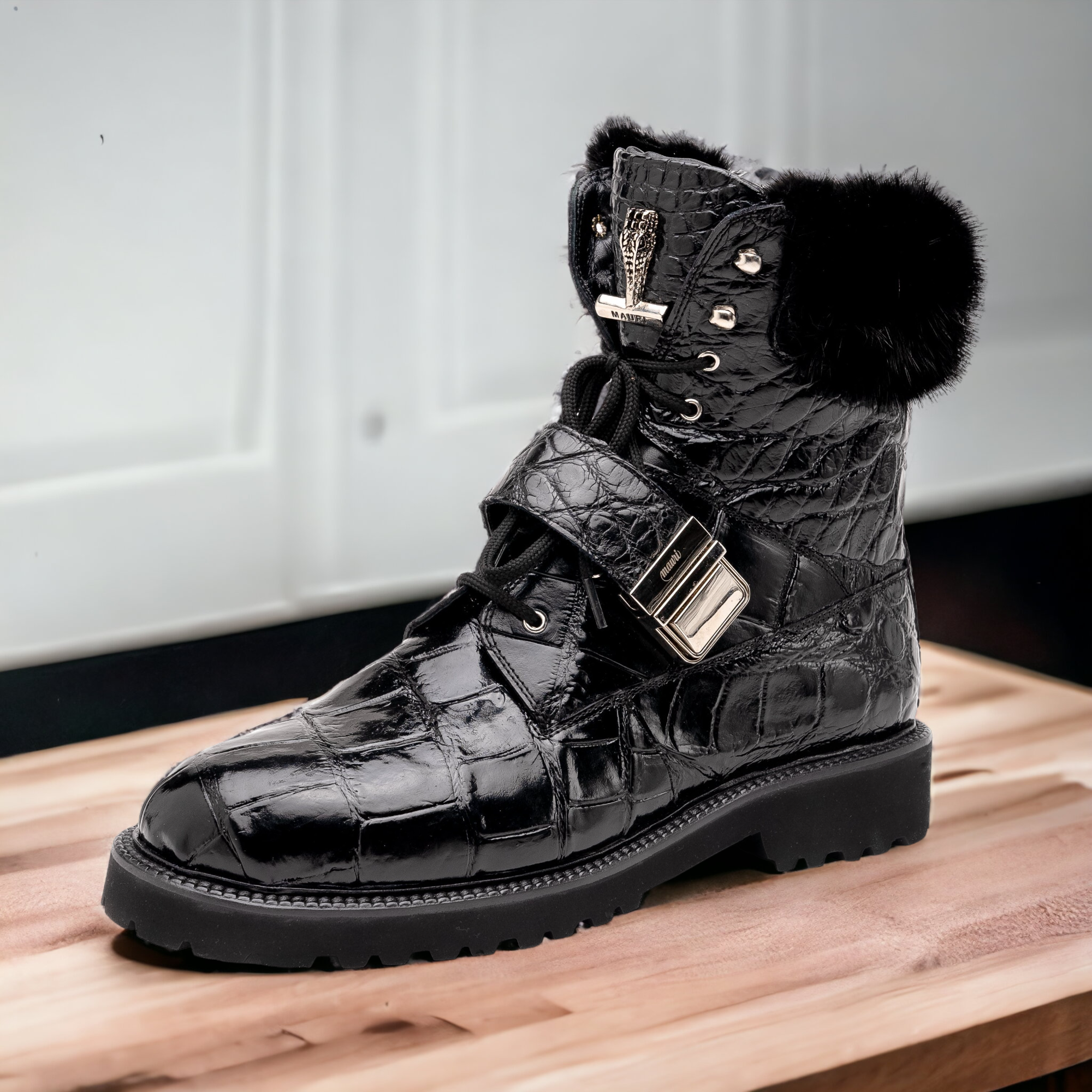 Mauri Smoke 3240 Men's Shoes Black Exotic Alligator / Mink / Nappa Leather Strap Derby Boots (MA5584)