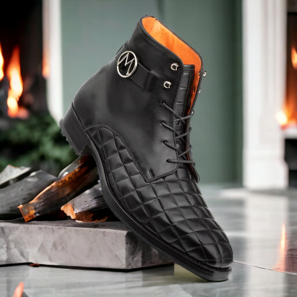 Mezlan S20538 Men's Shoes Black Quilted / Calf-Skin Leather Lace up Boots (MZS3527)