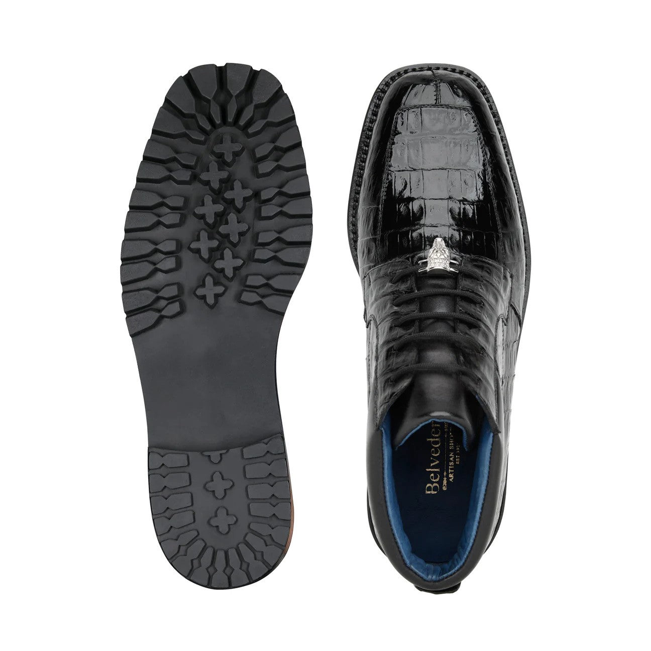 Belvedere Gallardo U02 Men's Shoes Black Exotic Caiman Crocodile Derby Split-Toe Boots (BV3076)