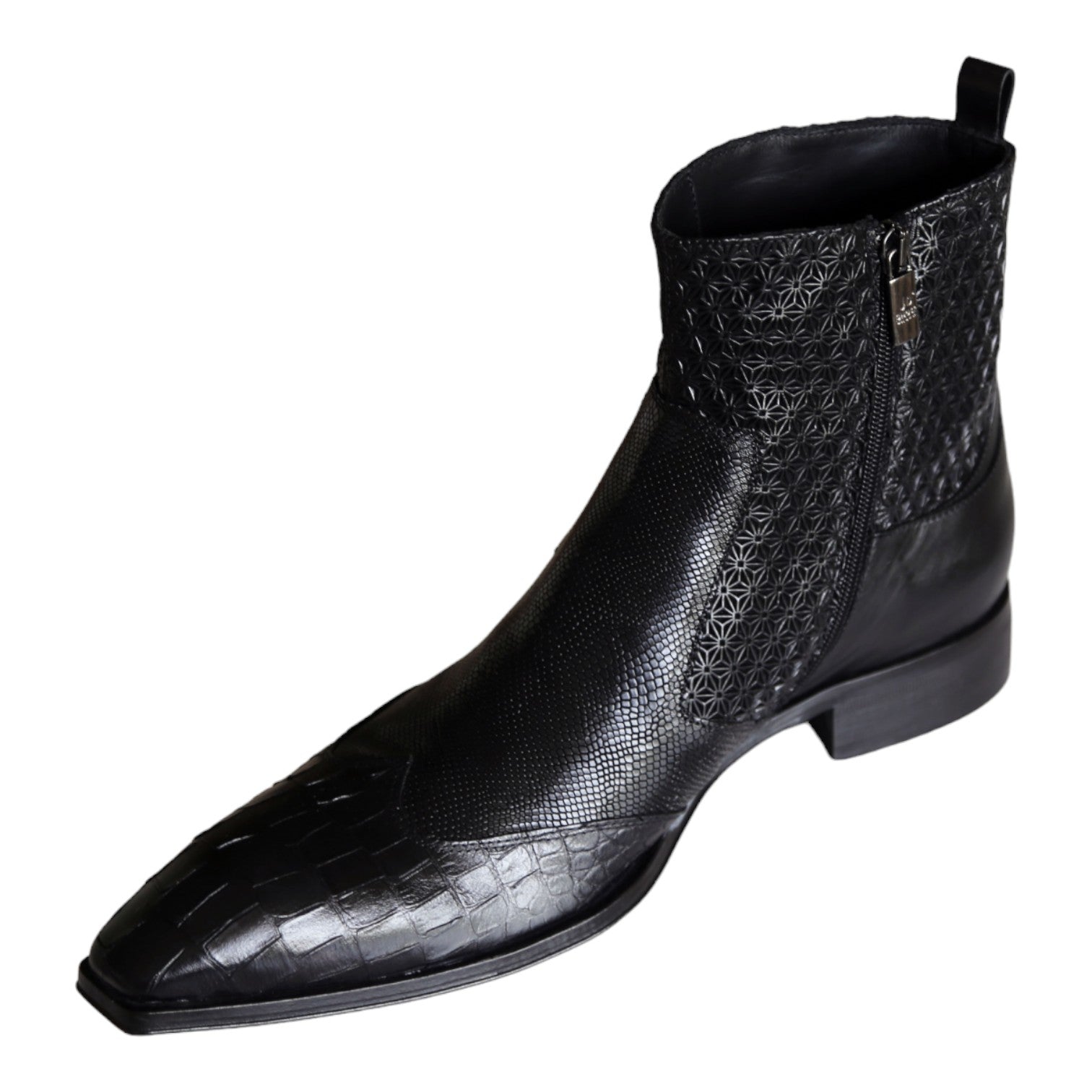 Jo Ghost 4991 Men's Shoes Black Texture Print Calf-Skin Leather Multi-Buckle Boots (JG5359)