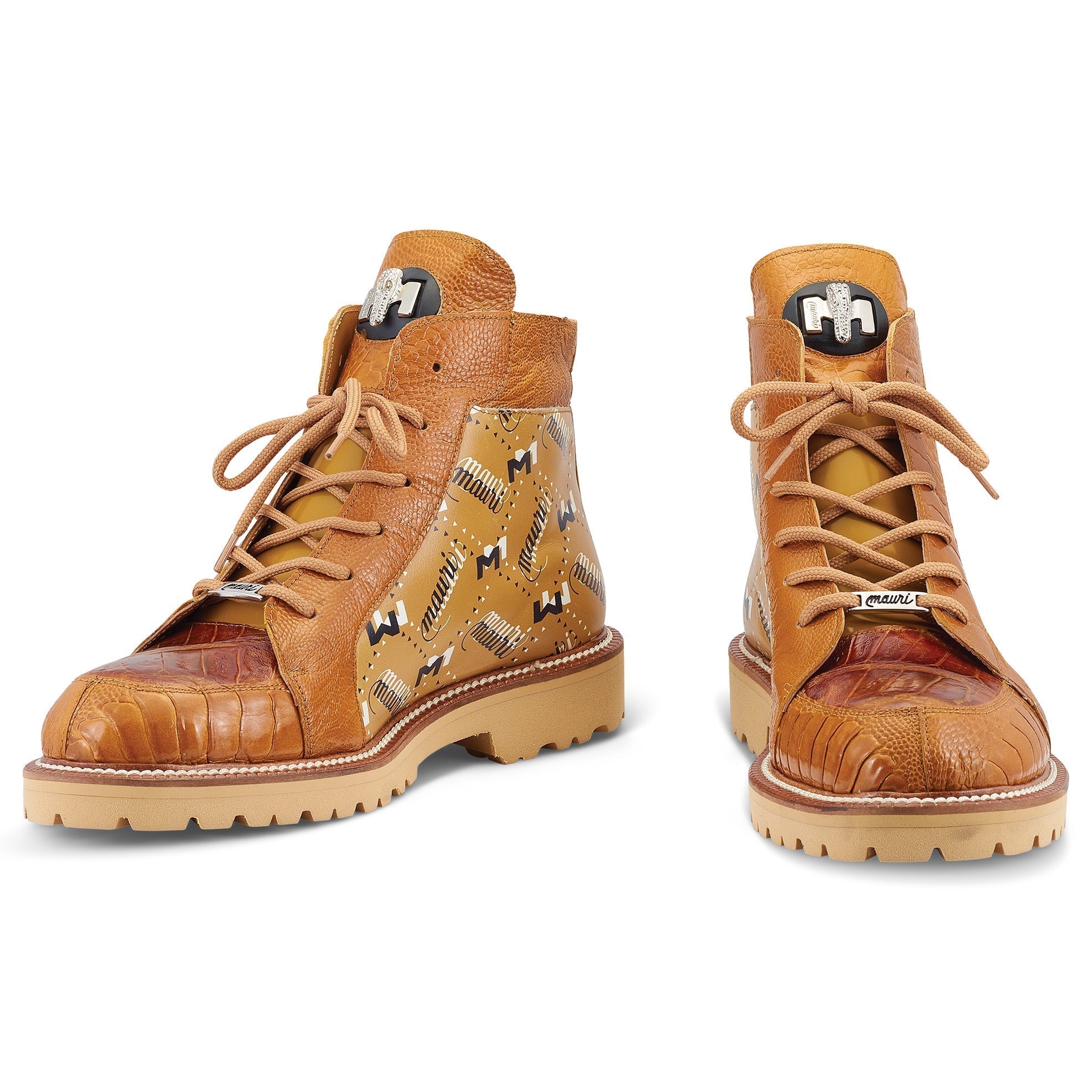 Mauri Highlander 4994 Men's Shoes Mustard Brown Exotic Ostrich Leg / Crocodile / Calf-Skin Leather Boots (MA5503)