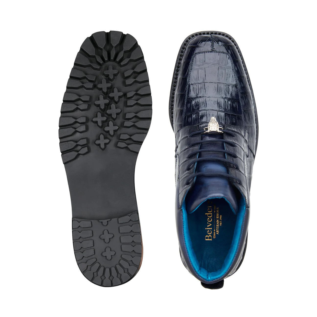 Belvedere Gallardo U02 Men's Shoes Antique Navy Exotic Caiman Crocodile Derby Split-Toe Boots (BV3077)