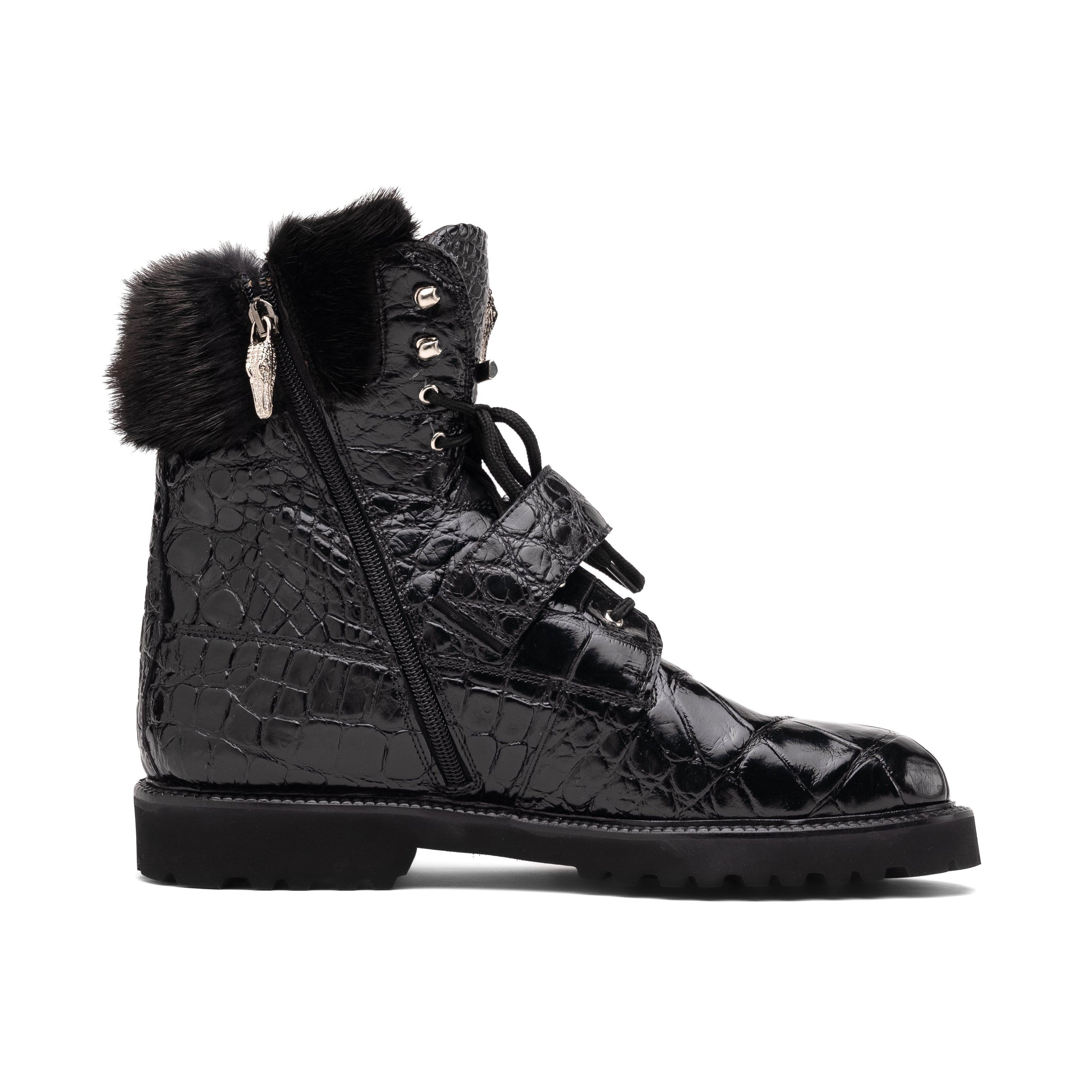 Mauri Smoke 3240 Men's Shoes Black Exotic Alligator / Mink / Nappa Leather Strap Derby Boots (MA5584)