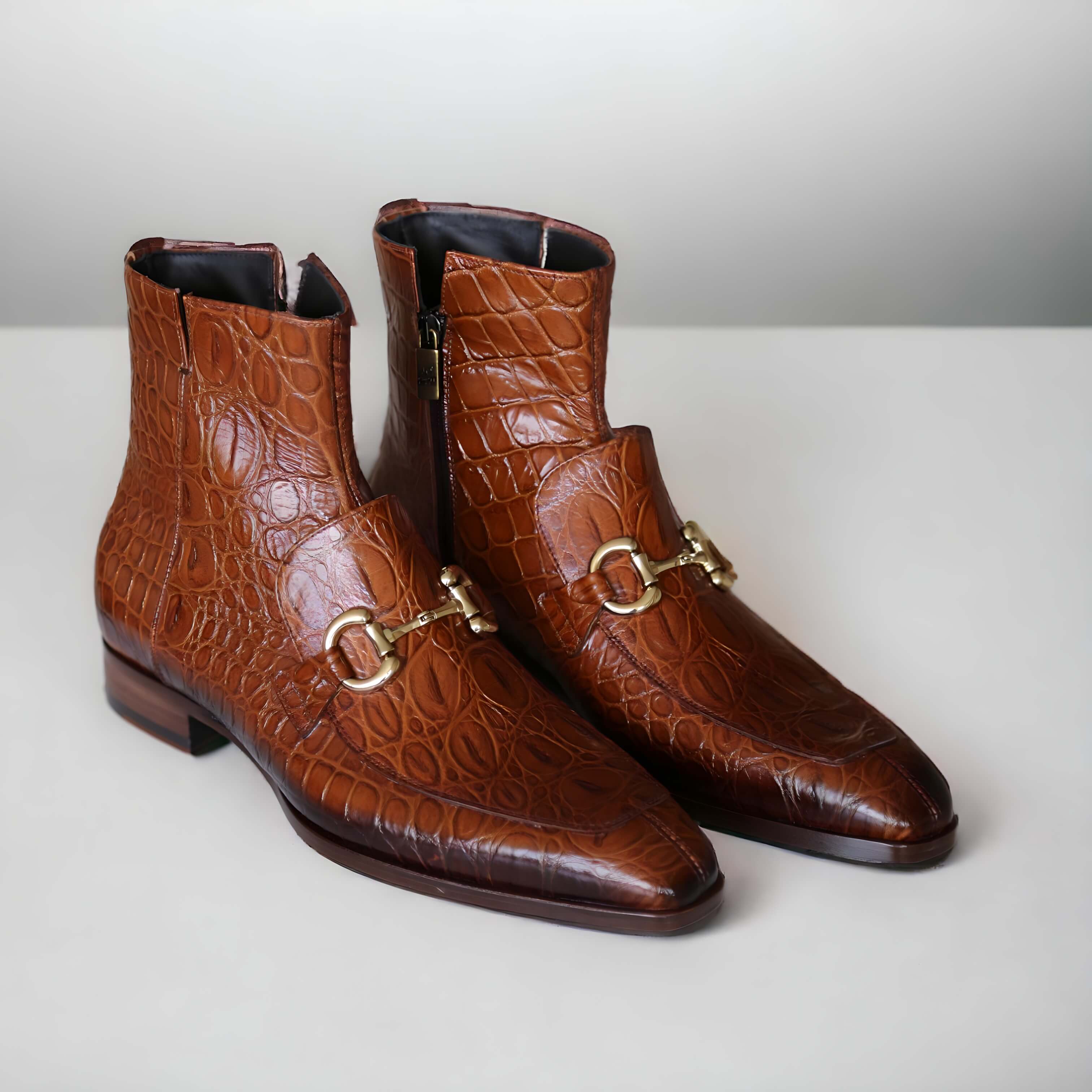 Jo Ghost 4970 Men's Shoes Cognac Crocodile Print Leather Horsebit Boots (JG5360)