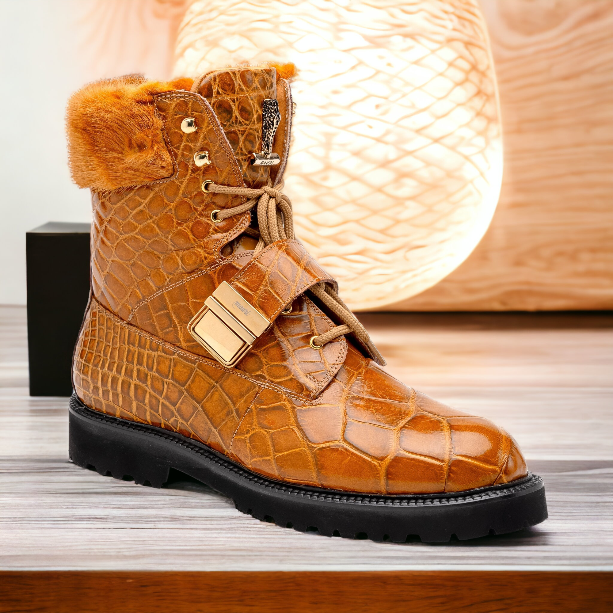 Mauri Smoke 3240 Men's Shoes Toffee Exotic Alligator / Mink / Nappa Leather Strap Derby Boots (MA5585)