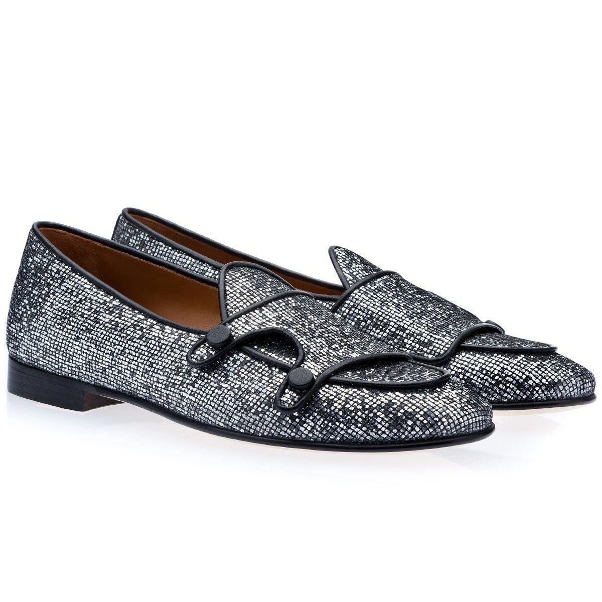 SUPERGLAMOUROUS Tangerine 7 Square Men's Shoes Silver Glittered Canvas Fabric Monk-Straps Belgian Loafers (SPGMS1118)
