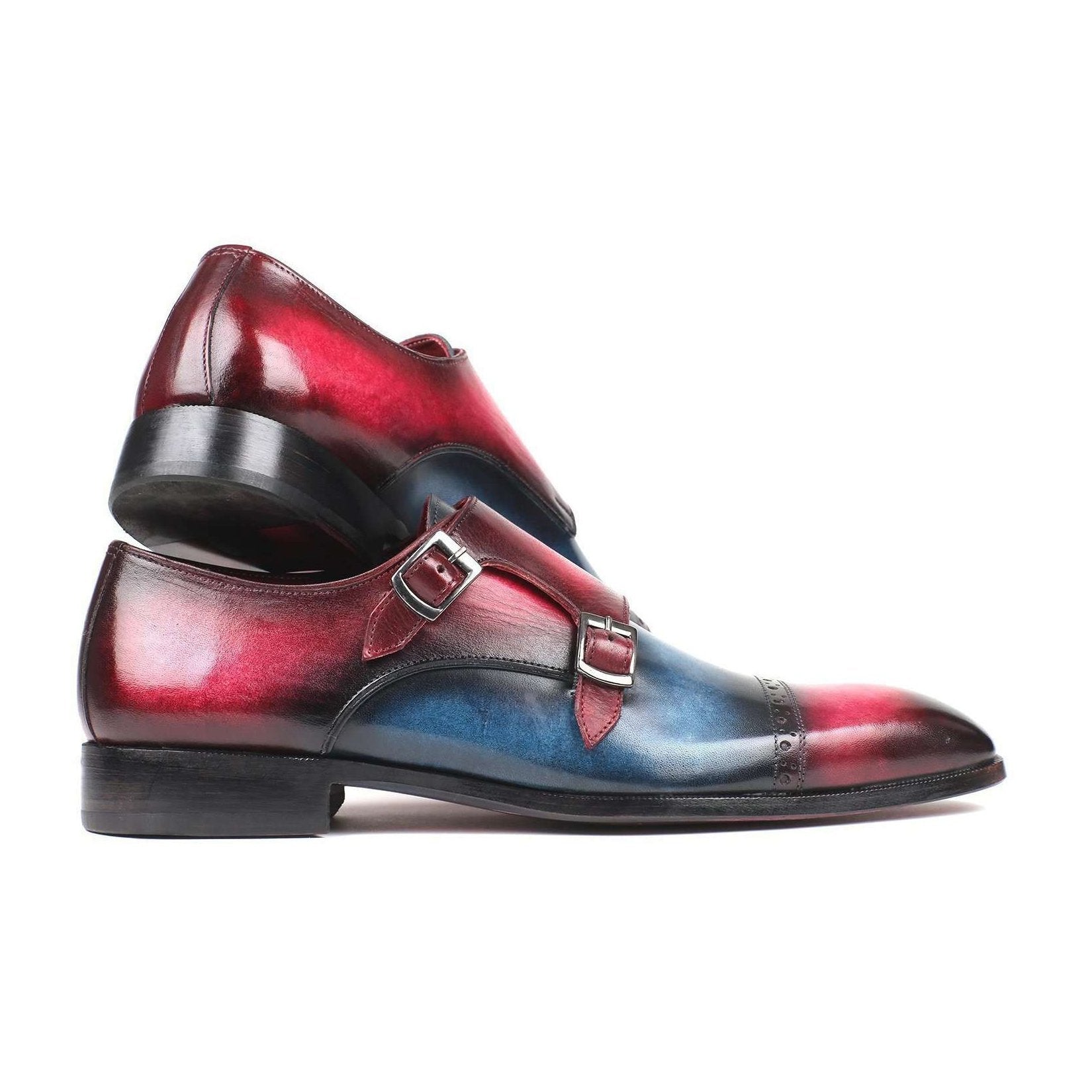 Paul Parkman Handmade Designer Shoes Captoe Double Monkstraps Blue & Fuxia Loafers (PM5850)