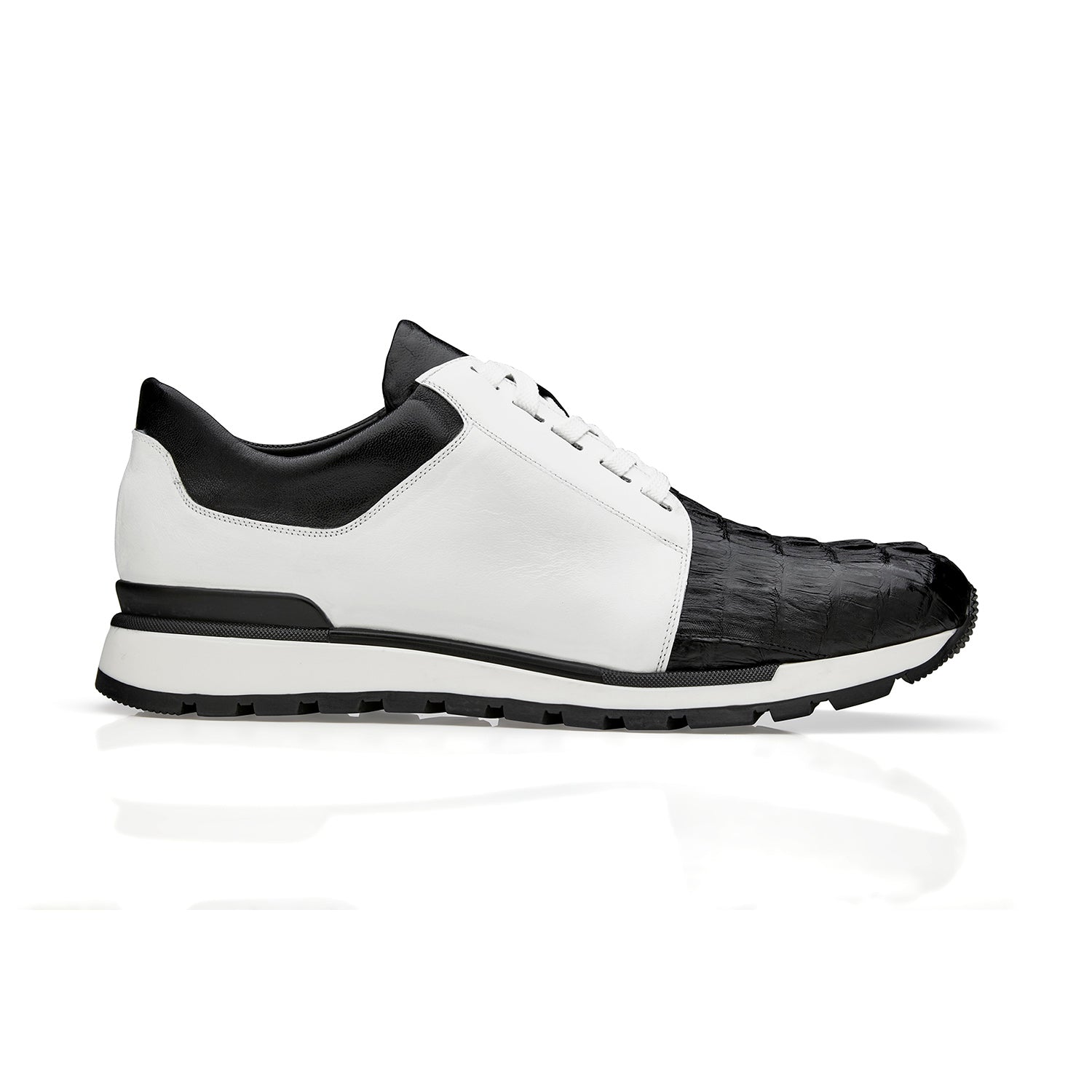 Belvedere 33631 Titan Men's Shoes Black & White Exotic Caiman Crocodile / Calf-Skin Leather Casual Sneakers (BV3169)