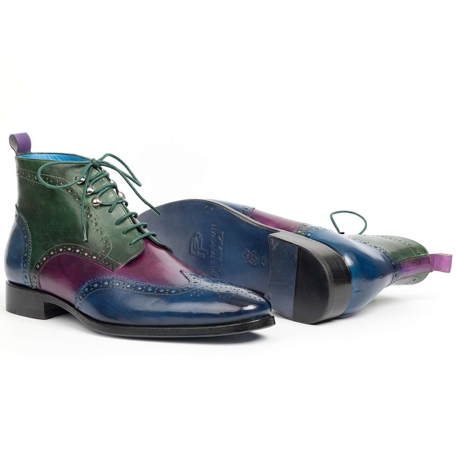 Paul Parkman Handmade Designer Shoes Wingtip Three Tone Blue Purple Green Ankle Boots (PM5600)