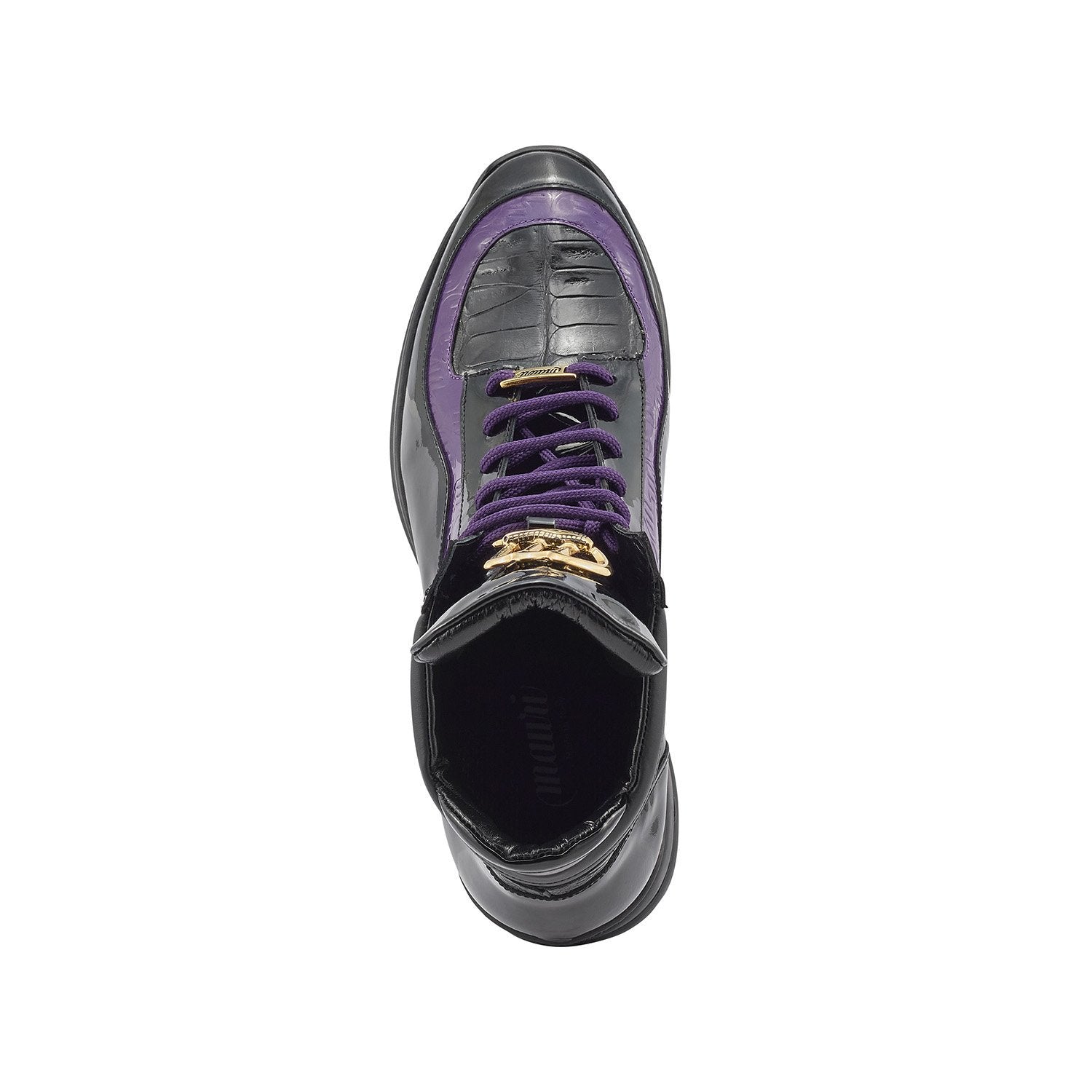 Mauri 8409 Hype Men's Shoes Black & Purple Exotic Crocodile / Ostrich Leg / Patent Leather High-Top Sneakers (MA5405)
