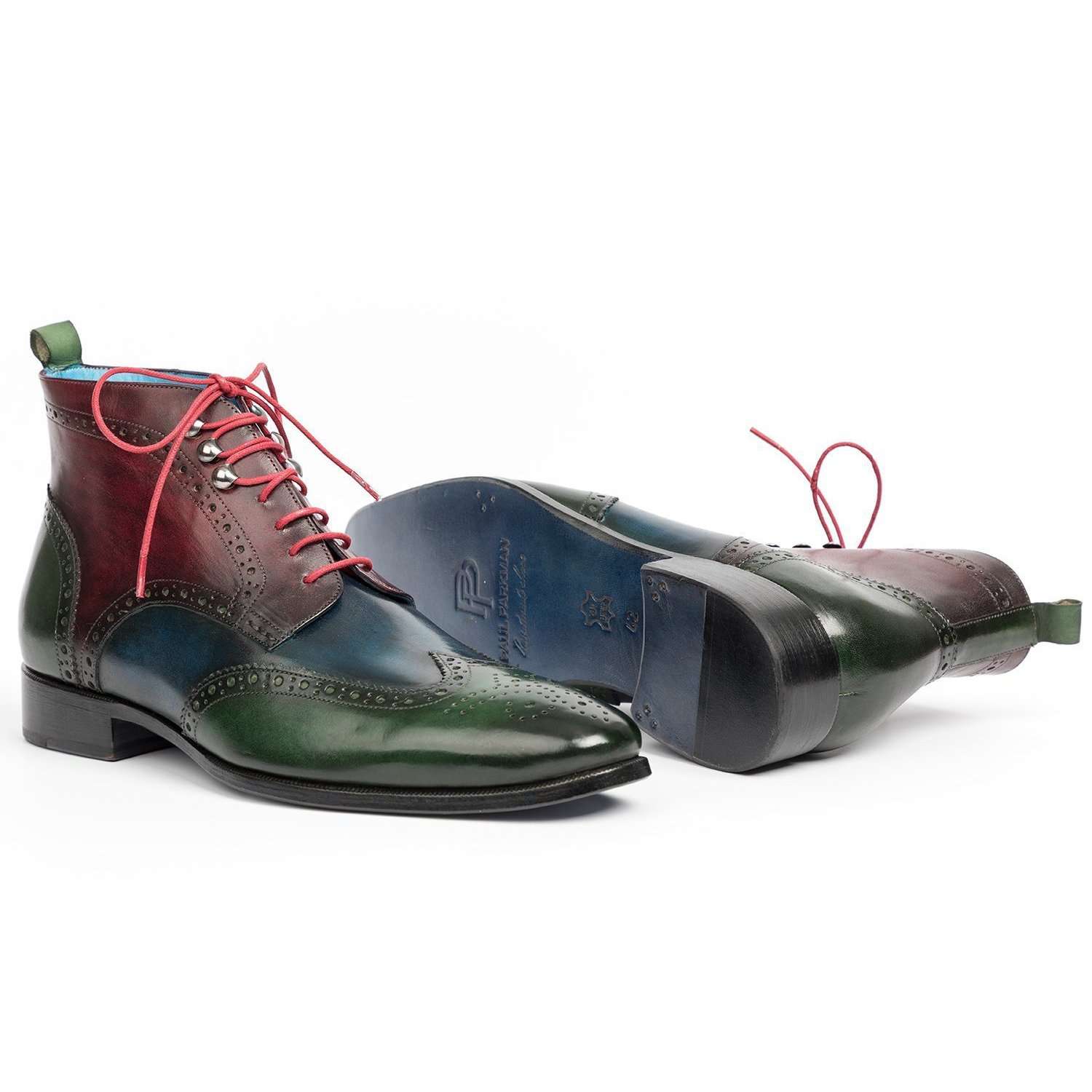 Paul Parkman Handmade Designer Shoes Wingtip Three Tone Green Blue Bordeaux Ankle Boots (PM5611)