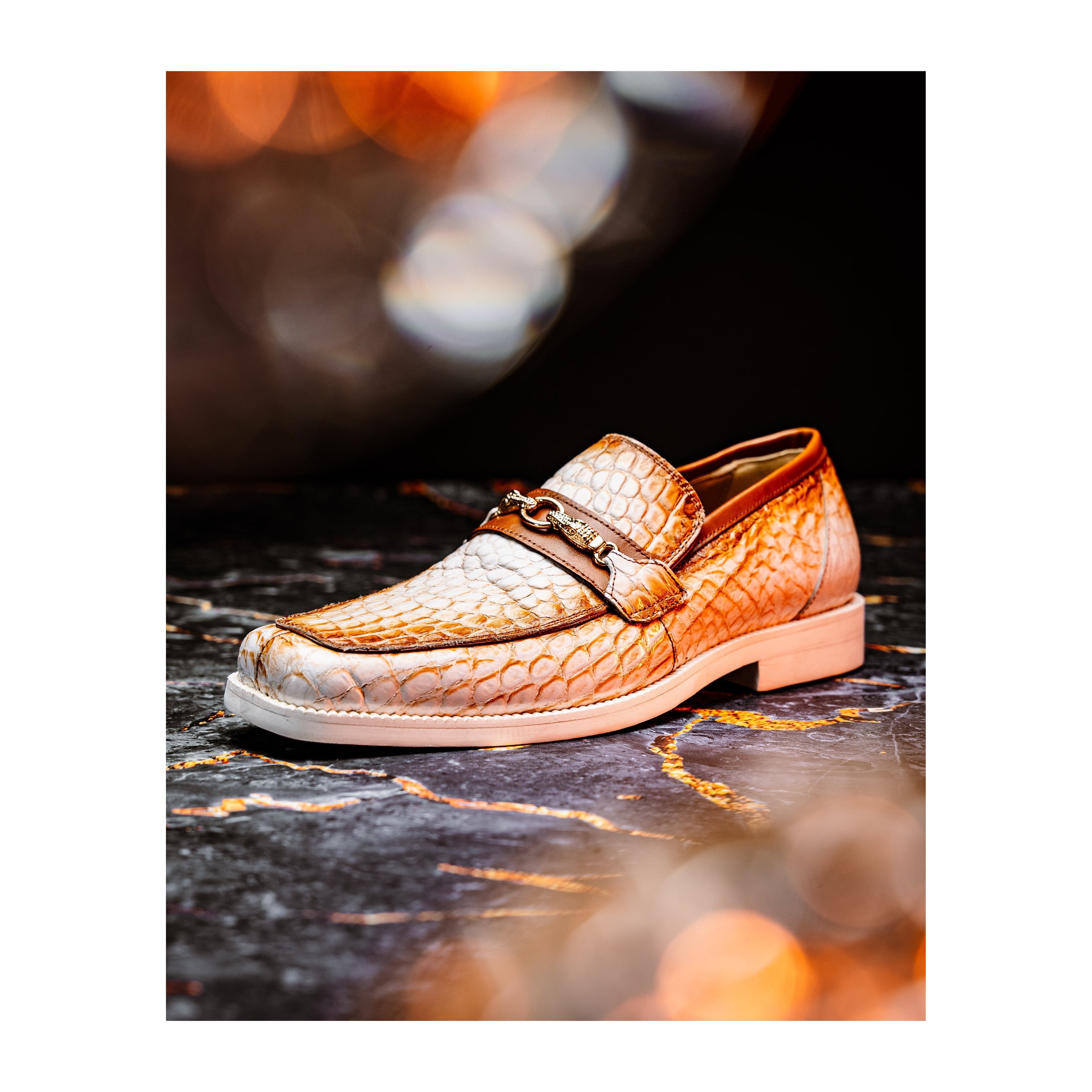 Mauri Debonair 4894-7 Men's Shoes White with Cognac Finished Exotic Alligator / Nappa Leather Horsebit Loafers (MA5596)