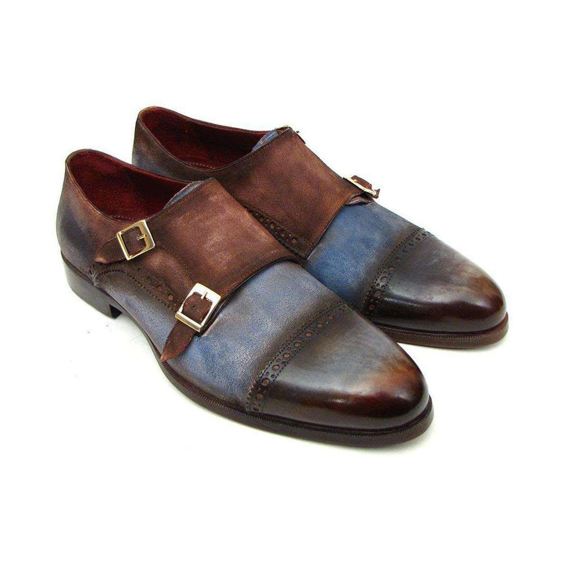 Paul Parkman Handmade Designer Shoes Men's Handmade Designer Shoes Captoe Double Monkstrap Brown / Blue Loafers (PM4001)