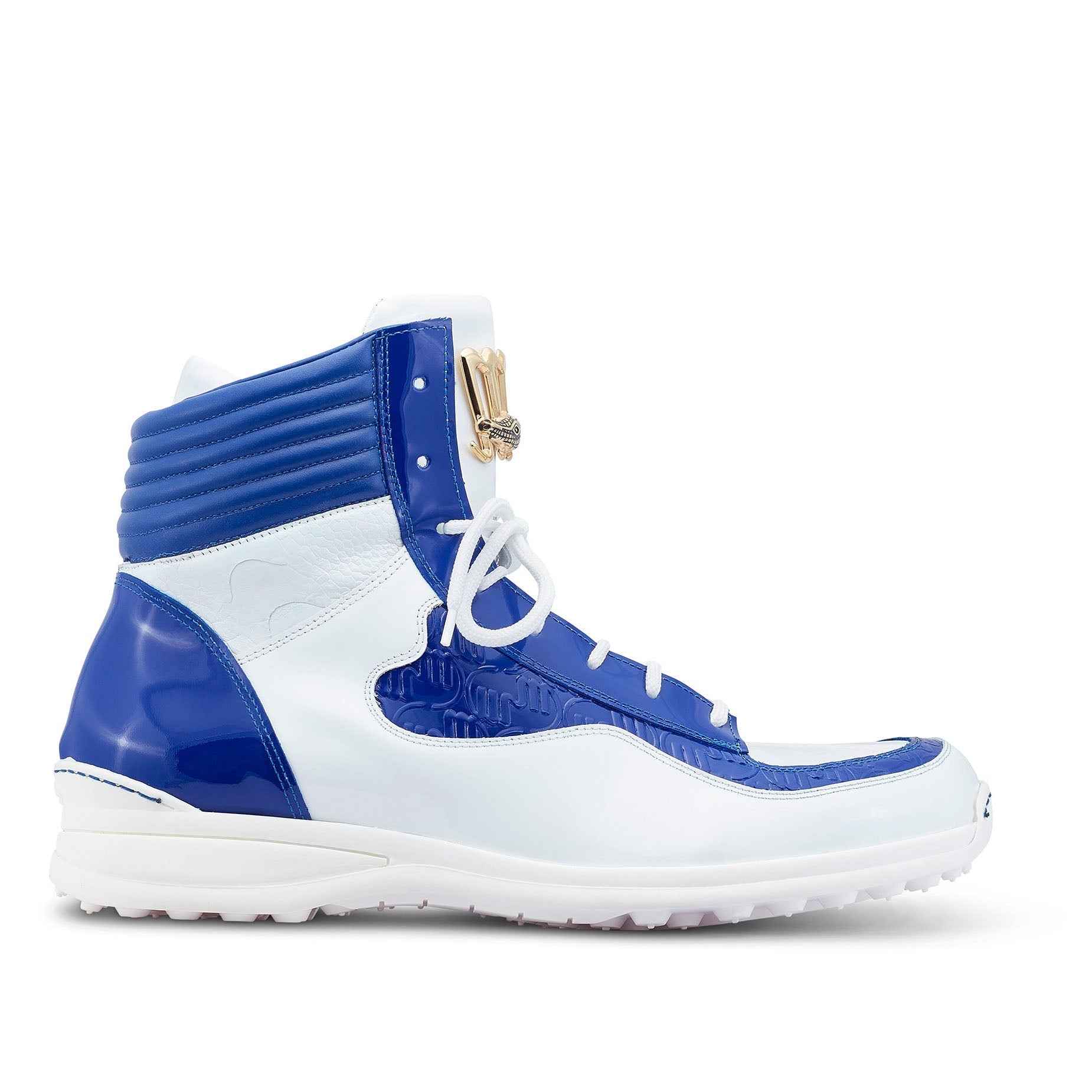 Mauri 8401 Flash Men's Shoes White & Royal Blue Exotic Crocodile / Ostrich Leg / Patent Leather High-Top Sneakers (MA5455)
