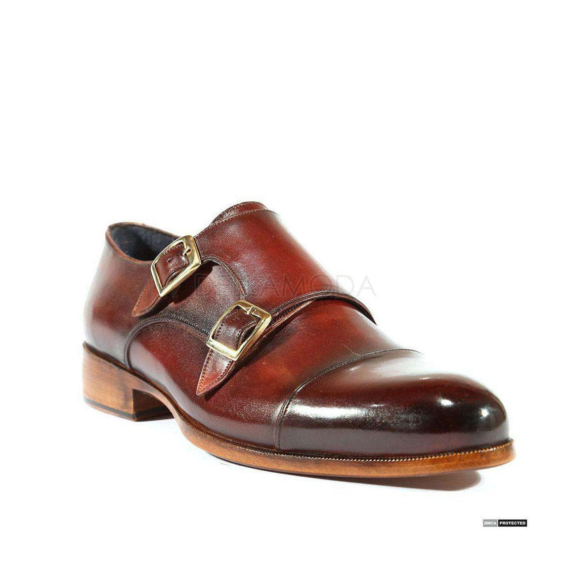 Paul Parkman Handmade Designer Shoes Handmade Men's Designer Shoes Captoe Double Monkstrap Hand-Painted Dark Brown Loafers (PM1029)