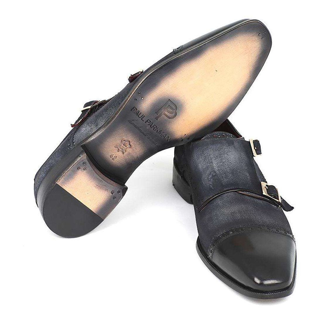 Paul Parkman Handmade Designer Shoes Men's Handmade Designer Shoes Captoe Double Monkstraps Suede Navy Loafers (PM4024)