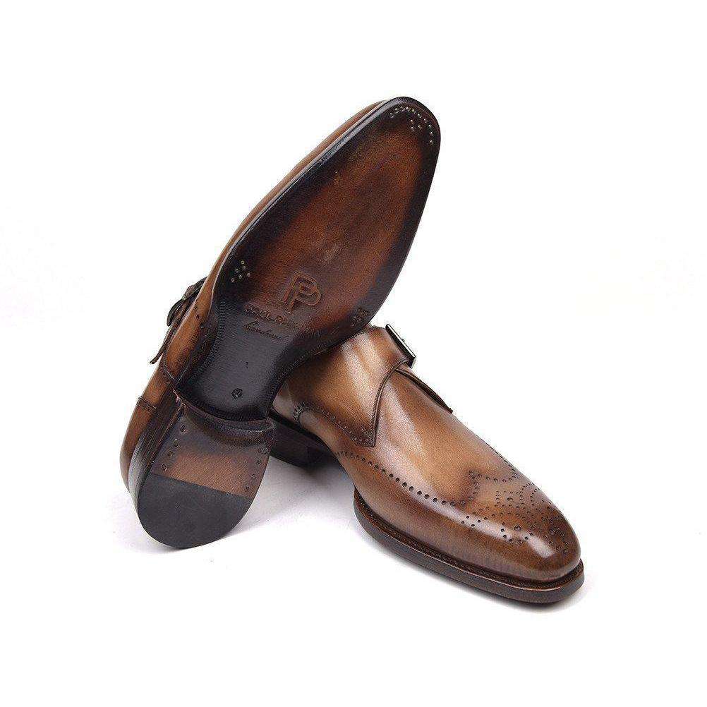 Paul Parkman Handmade Designer Shoes Men's Wingtip Single Monkstraps Brown & Camel Loafers (PM5512)