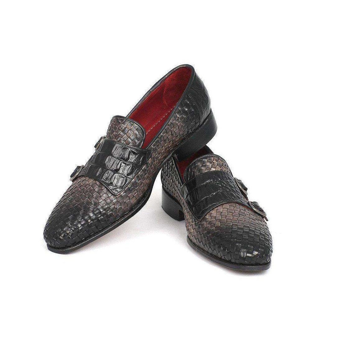 Paul Parkman Handmade Designer Shoes Gray Woven & Croc Embossed Monkstraps Loafers (PM5457)