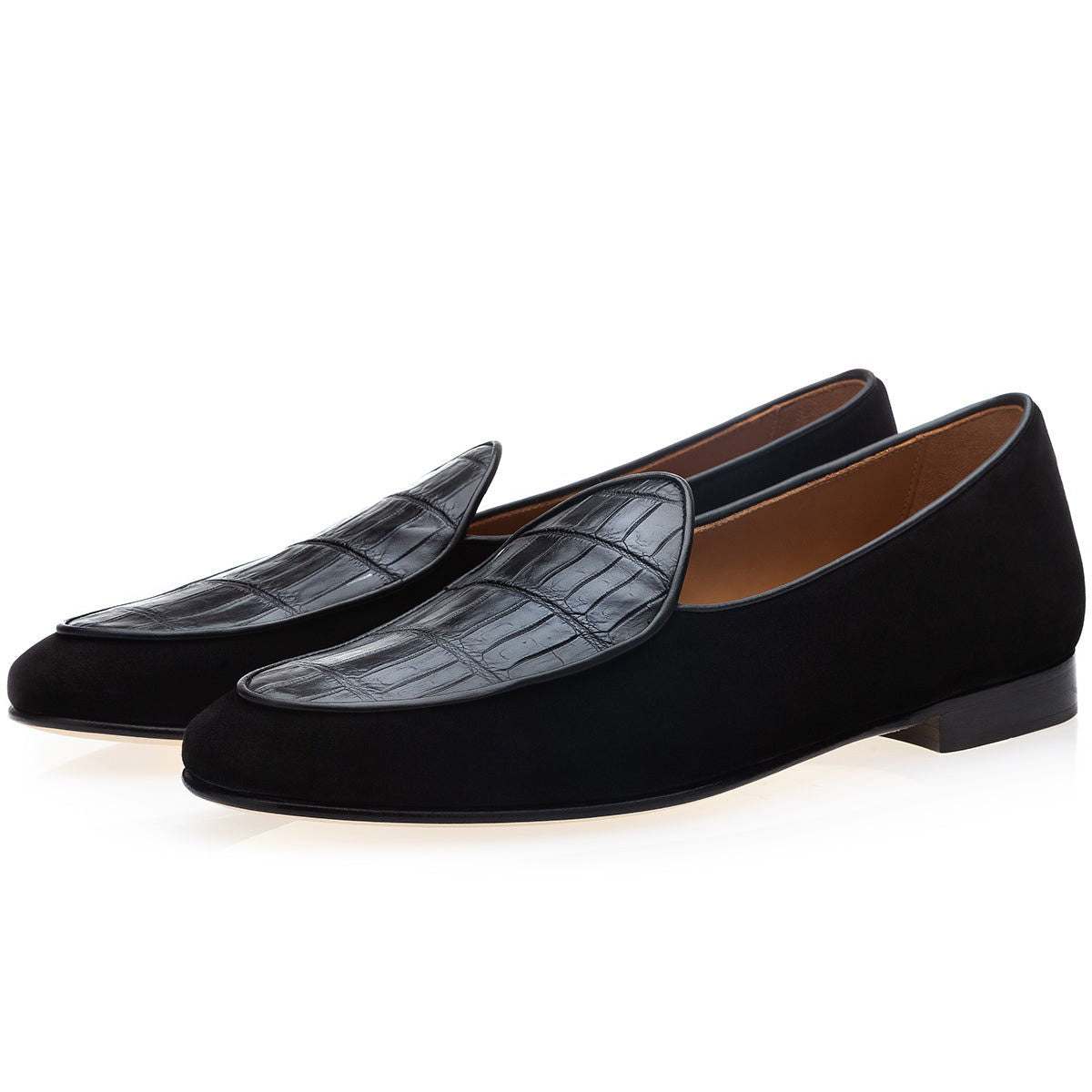 SUPERGLAMOUROUS Tangerine Crocosuede Men's Shoes Exotic Crocodile / Suede Leather Belgian Loafers (SPGM1337)