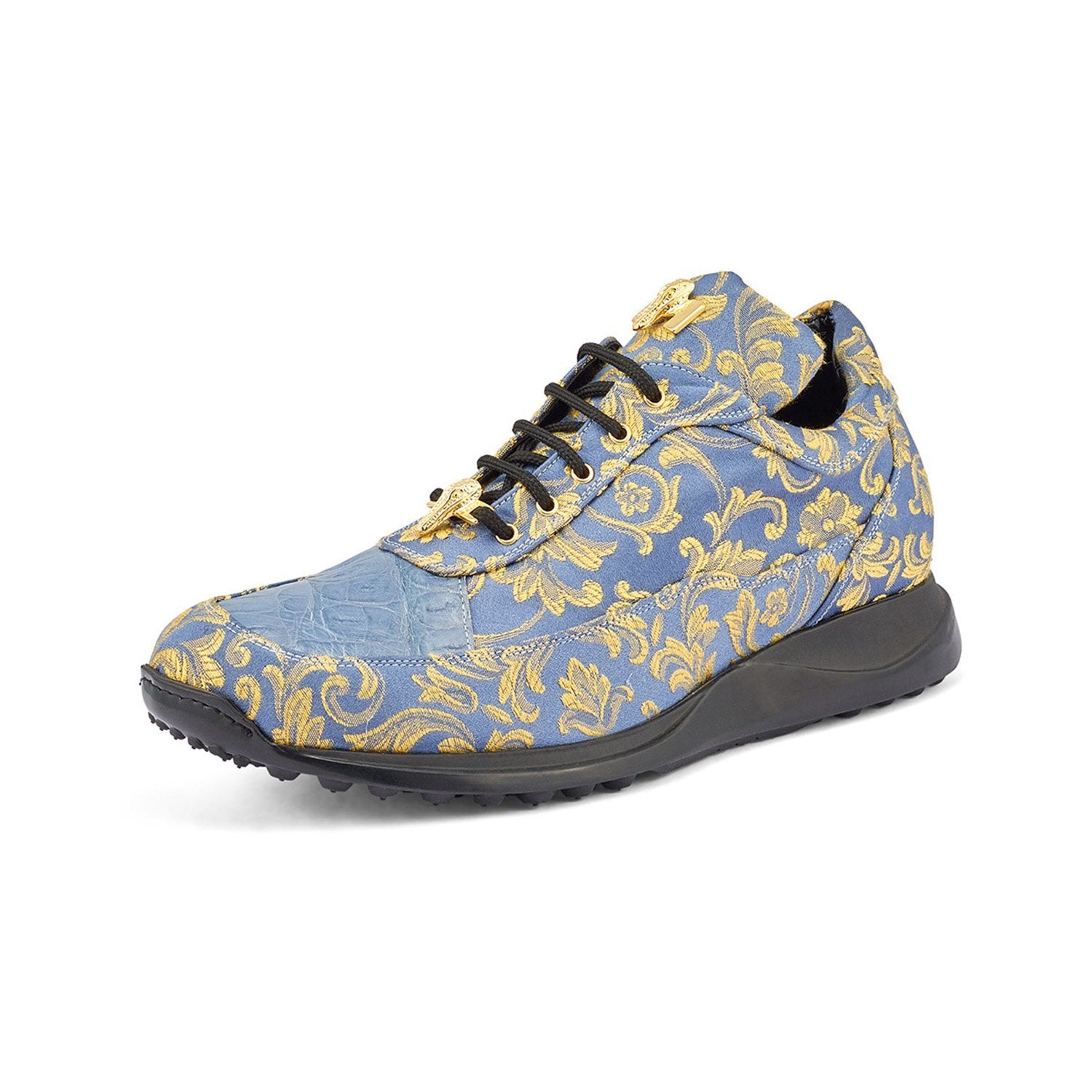 Mauri 8900/2 Solid Gold Men's Shoes New Blue Exotic Crocodile / Gobelins Fabric Casual Sneakers (MA5360)