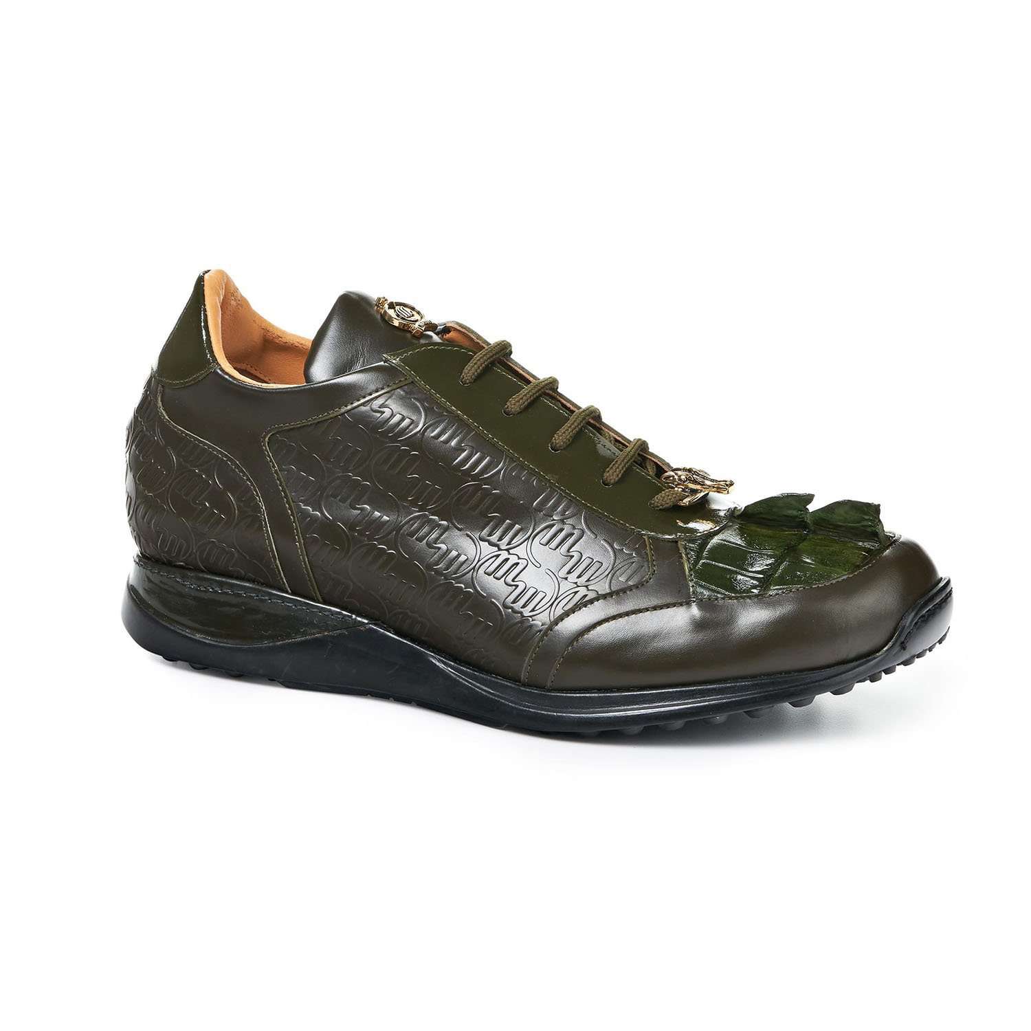 Mauri 8573 Native Men's Designer Shoes Olive Calf-Skin Leather Print and Patent Leather Sneakers (MA5022)