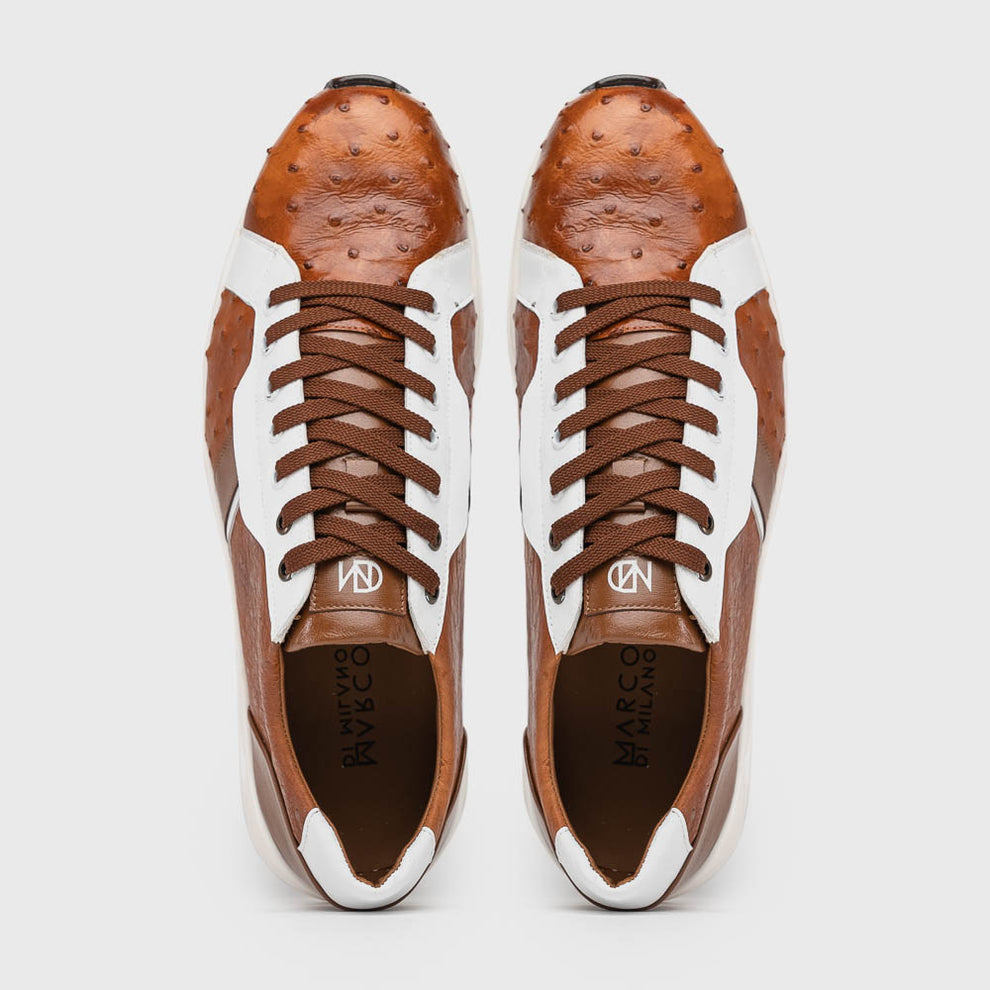 Marco Di Milano Lyon II Men's Shoes Brandy & White Calf-Skin / Ostrich Leg Casual Sneakers (MDM1068)