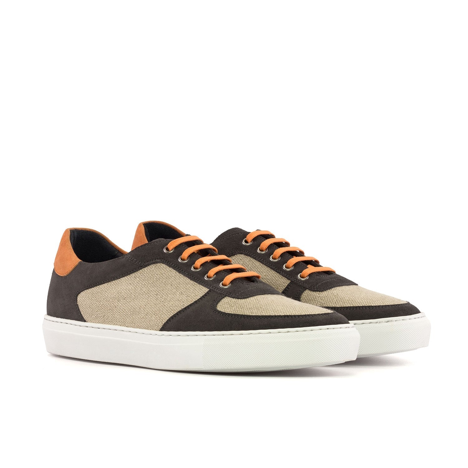 Ambrogio Bespoke Men's Shoes Ice, Gray & Orange Linen / Suede Leather Low Top Trainer Sneakers (AMB2532)