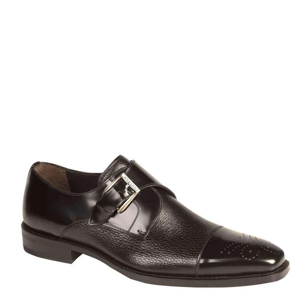 Mezlan Phoenix 16505 Men's Designer Shoes Black Calfskin & Deerskin Monk Strap Loafers (MZ2032)
