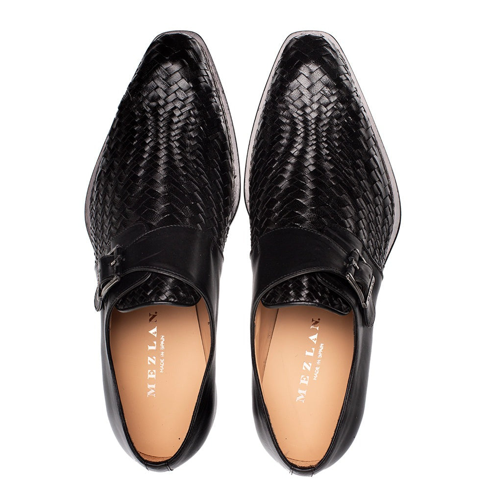 Mezlan Temi 21069 Men's Shoes Black Woven / Calf-Skin Leather Single Monk-Strap Loafers (MZ3742)