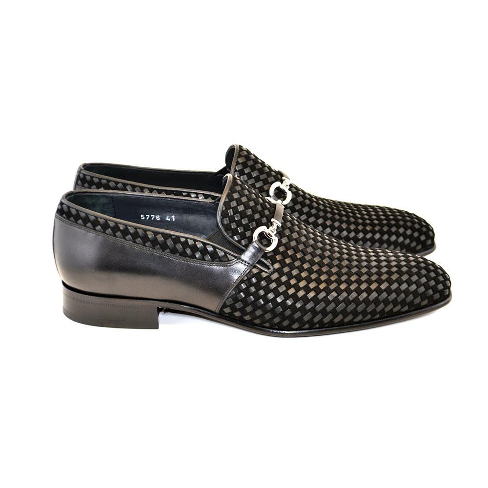 Corrente C0220-5776 Men's Shoes Black Woven / Suede / Calf-Skin Leather Horsebit Loafers (CRT1216)