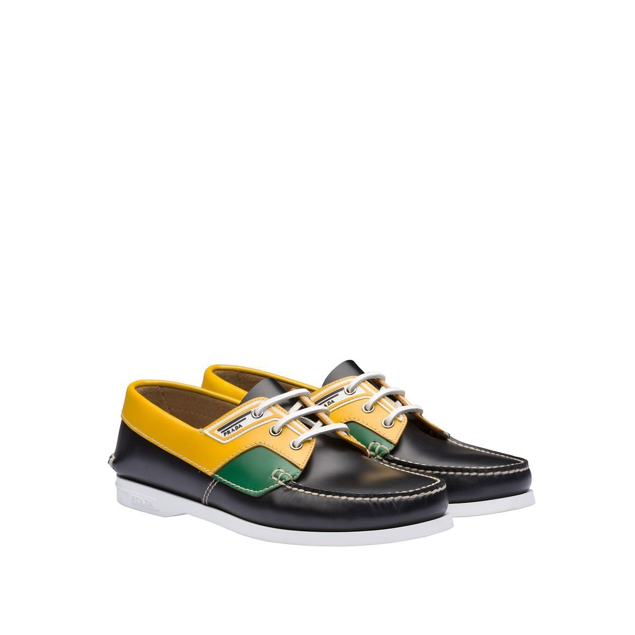 Prada 2EG270-X2O Men's Shoes Black, Green & Yellow Calf-Skin Leather Boat Moccasin Loafers (PRM1009)