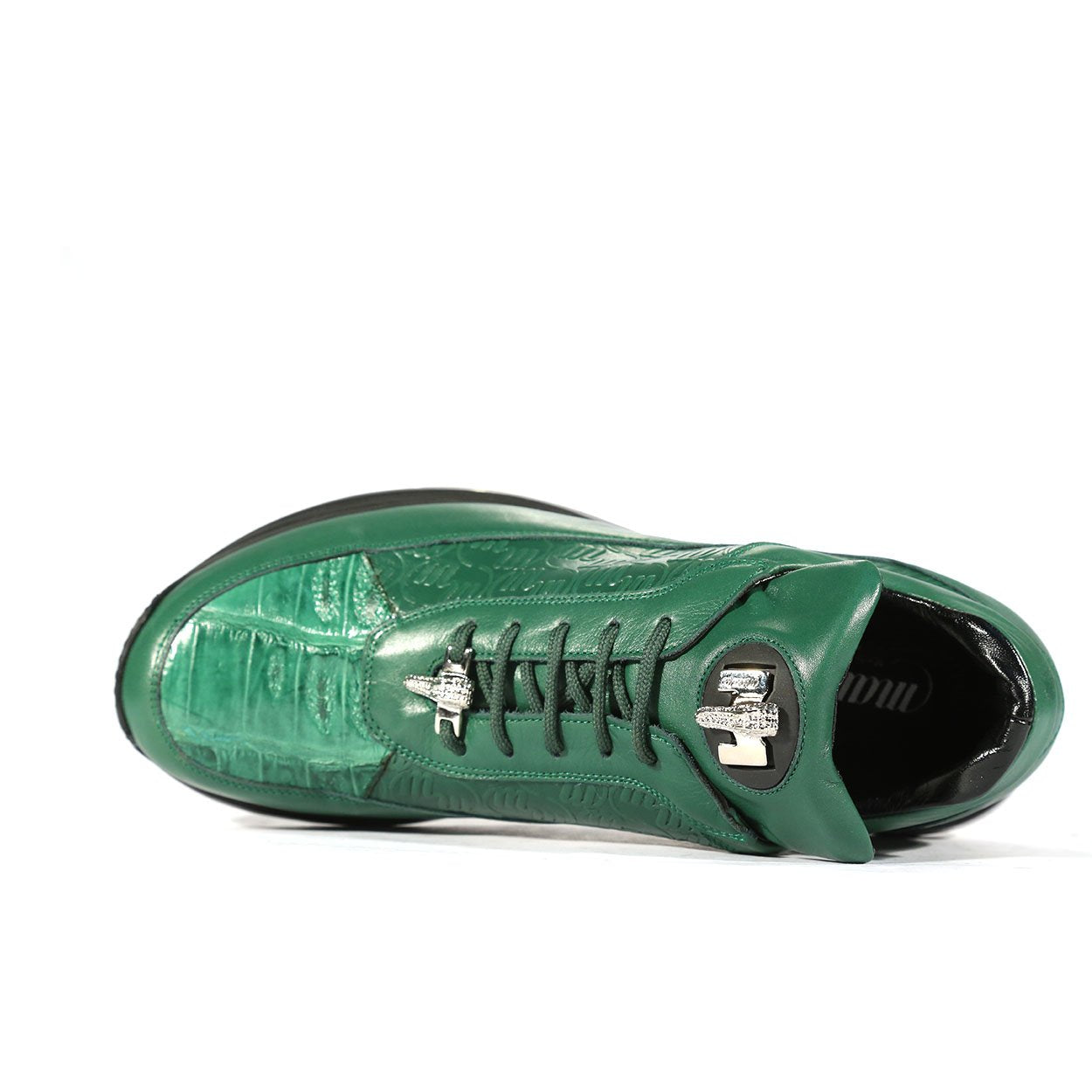 Mauri 8900/2 Italian Men's Designer Shoes Green Exotic Crocodile / King Nappa Embossed Casual Sneakers (MAS5282)