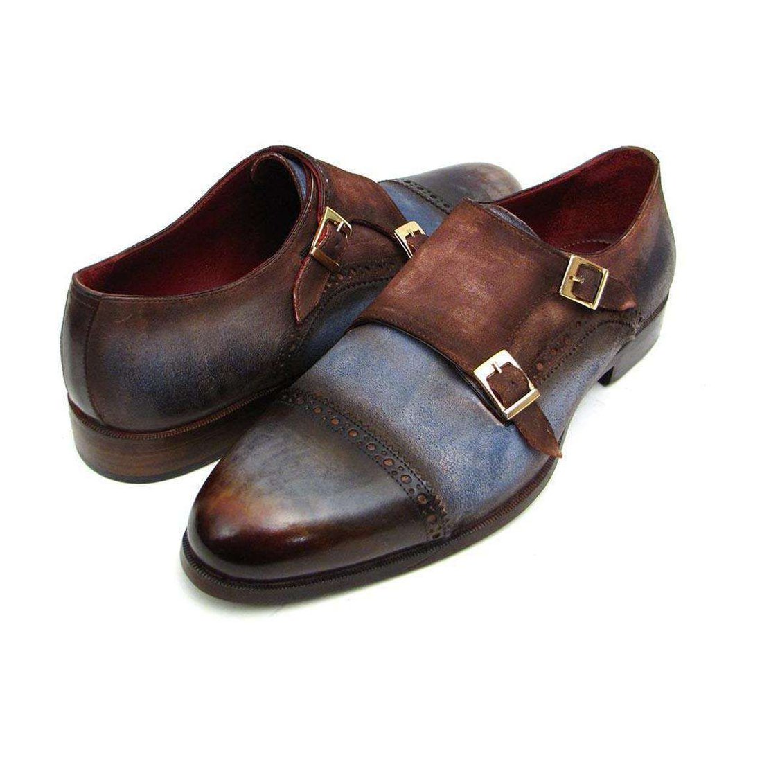 Paul Parkman Handmade Designer Shoes Men's Handmade Designer Shoes Captoe Double Monkstrap Brown / Blue Loafers (PM4001)