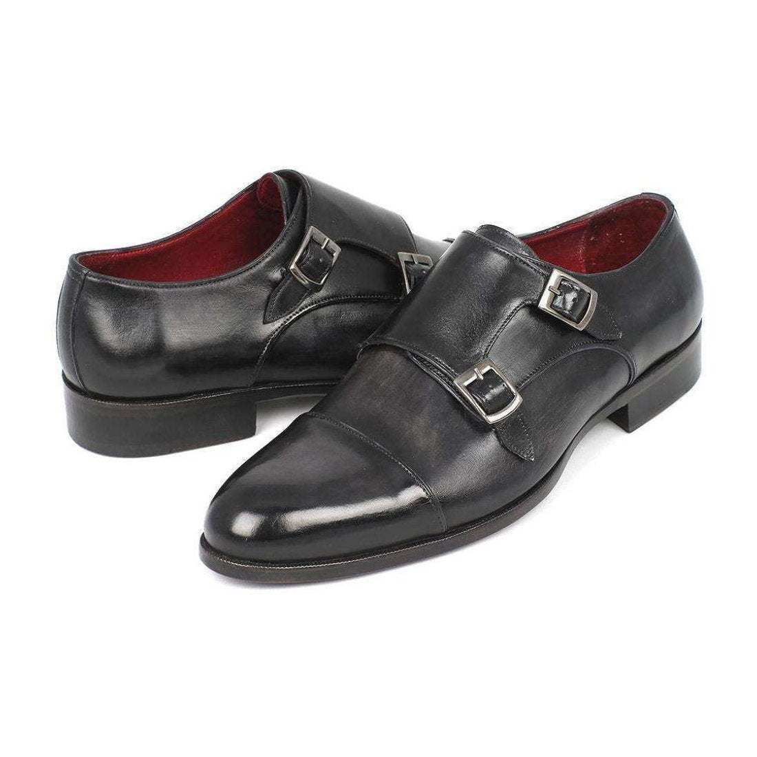 Paul Parkman Handmade Designer Shoes Men's Handmade Designer Shoes Cap-toe Double Monkstraps Gray Black Loafers (PM5220)
