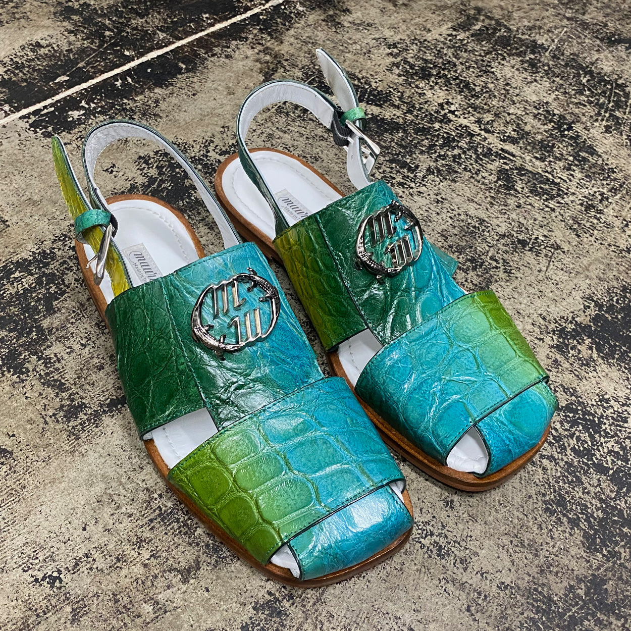 Mauri 5126 Men's Shoes Turquoise & Two-Tone Green Exotic Alligator Slip-On Sandals (MAS5507)