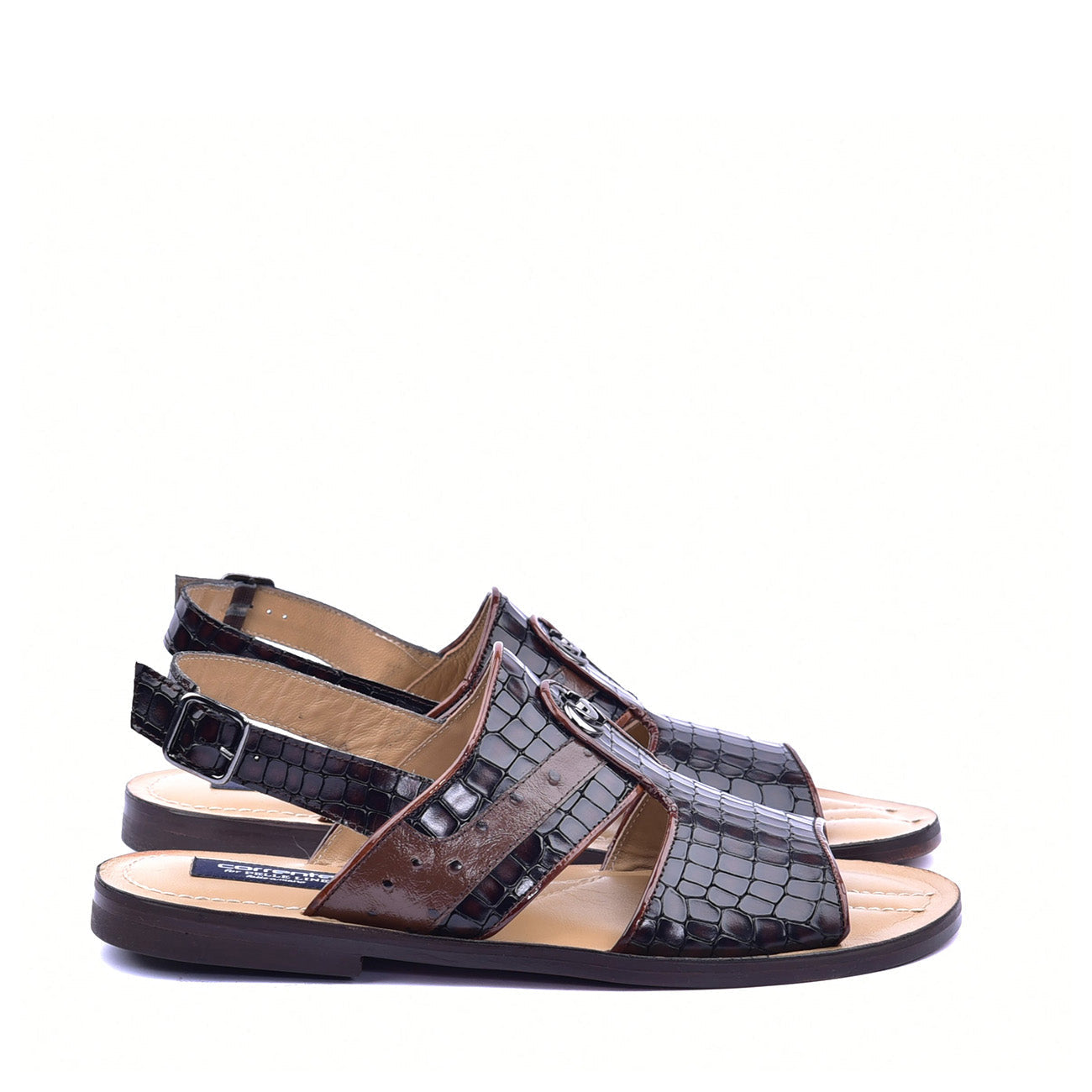 Corrente C0075 5829S Men's Shoes Brown Embossed Leather and Ostrich Sandals (CRT1362)