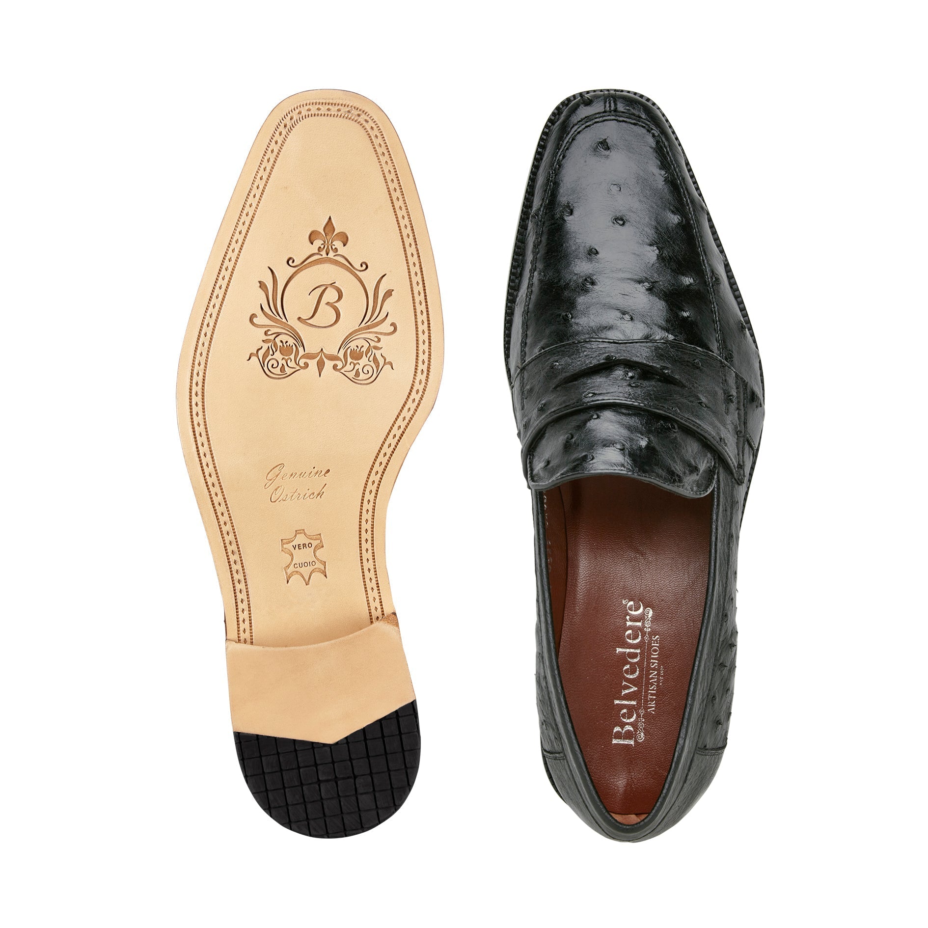 Belvedere Espada 02440 Men's Shoes Black Exotic Genuine Ostrich Split-Toe Penny Loafers (BV3153)