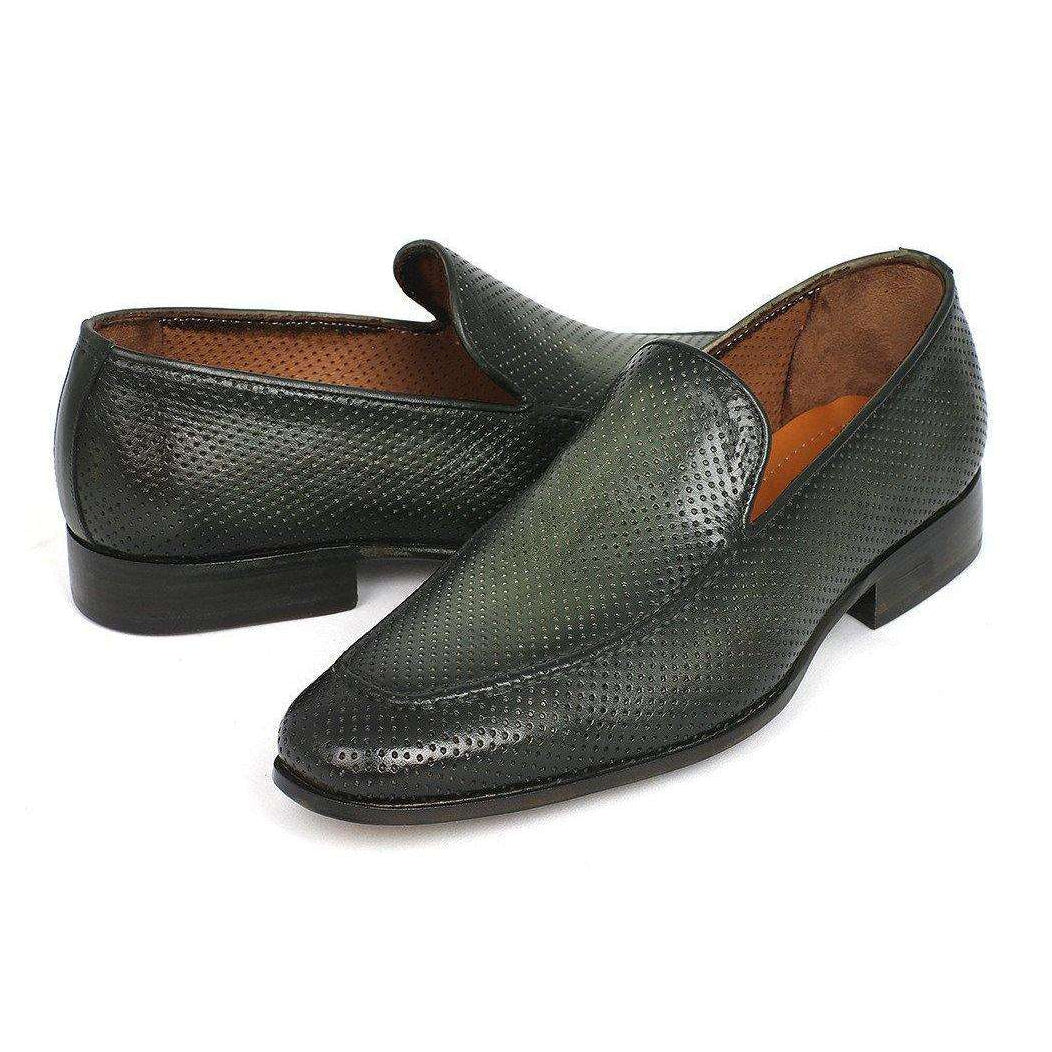 Paul Parkman Handmade Designer Shoes Perforated Leather Green Loafers (PM5459)