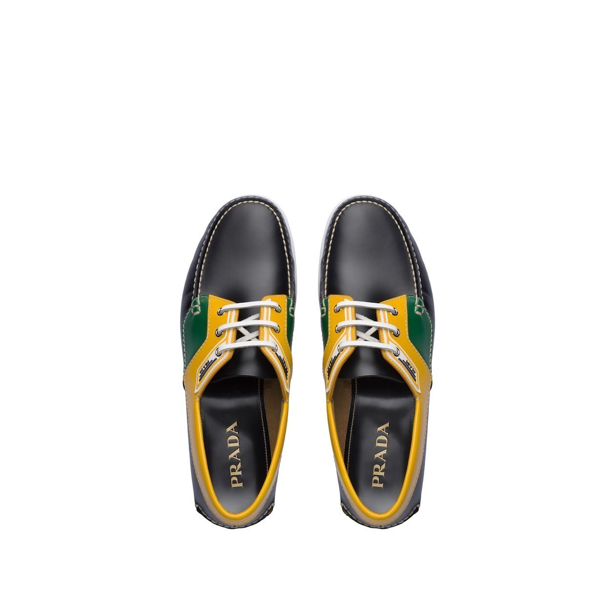 Prada 2EG270-X2O Men's Shoes Black, Green & Yellow Calf-Skin Leather Boat Moccasin Loafers (PRM1009)
