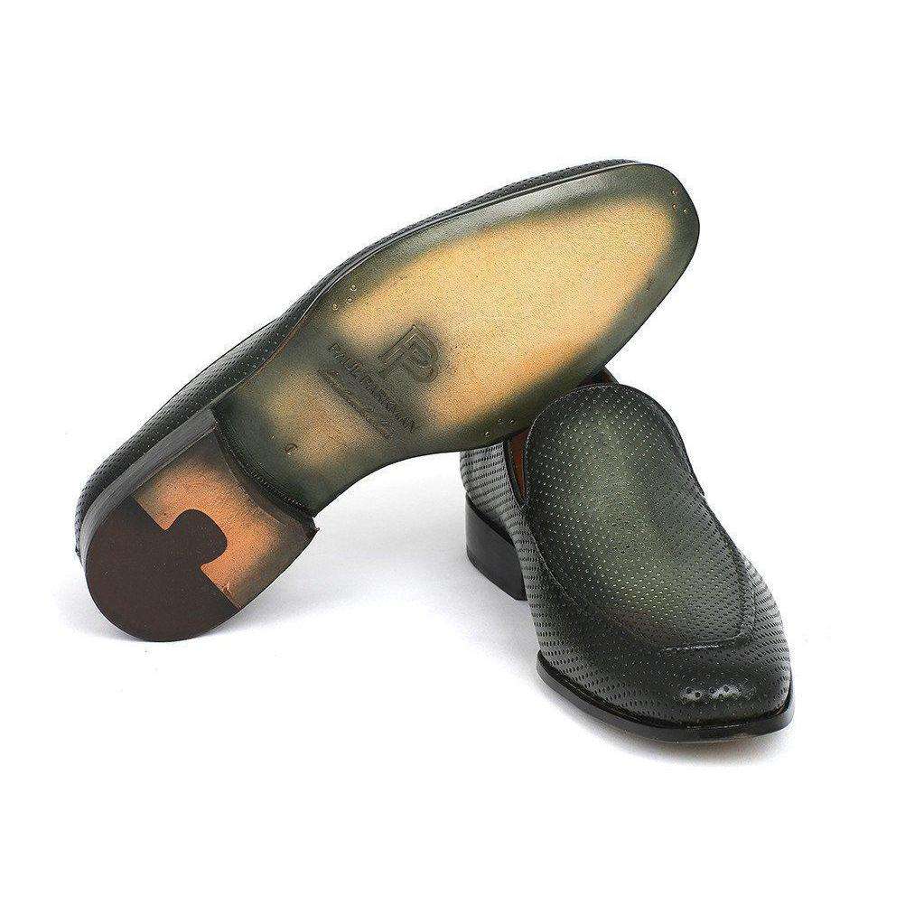 Paul Parkman Handmade Designer Shoes Perforated Leather Green Loafers (PM5459)