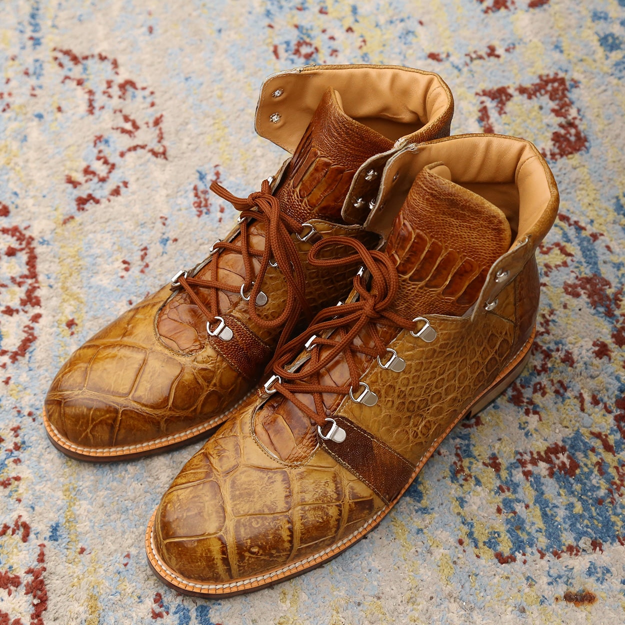 Mauri Pathfinder Men's Designer Shoes Mustard Brown Body Alligator and Ostrich Leg Boots (MA5011)