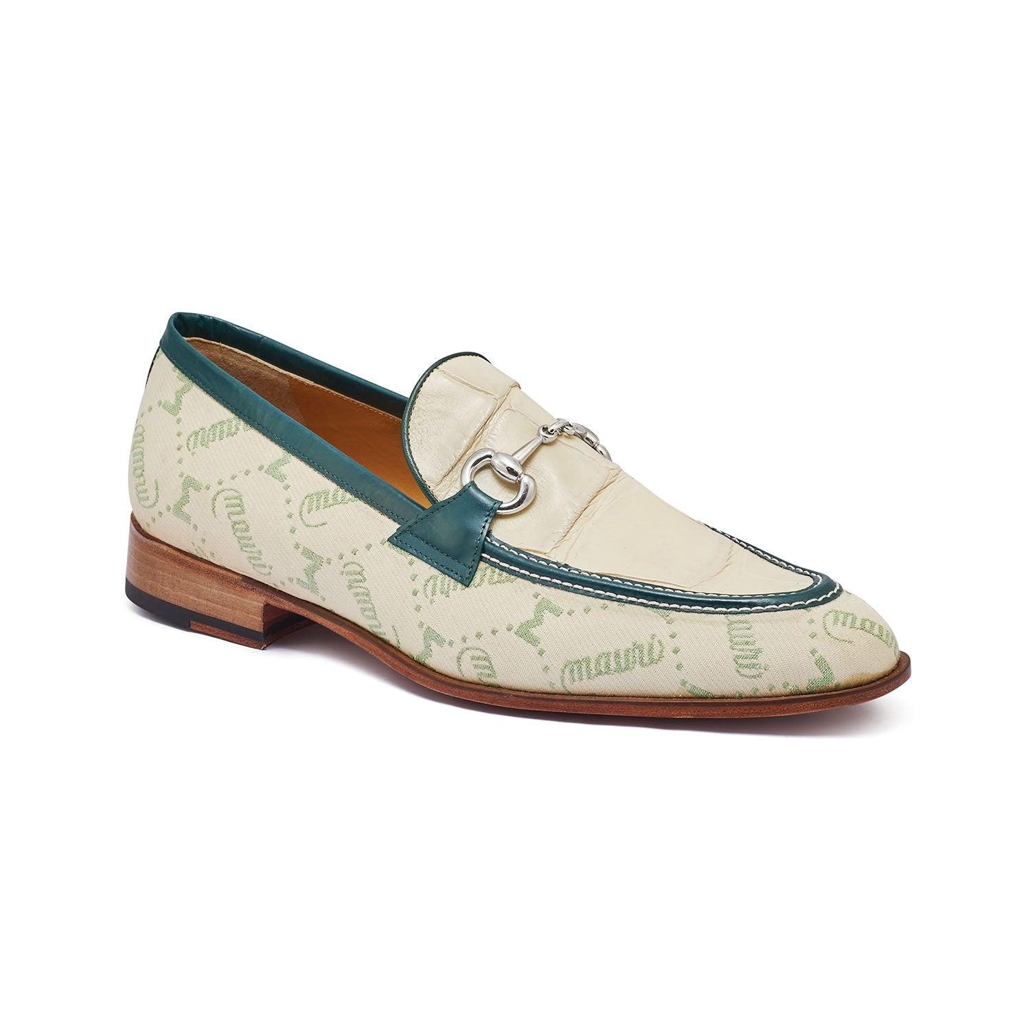 Mauri 4983 Bahamas Men's Shoes Spring Clean, Cream & Hunter Green Exotic Alligator/ Fabric / Calf-Skin Leather Loafers (MA5302)