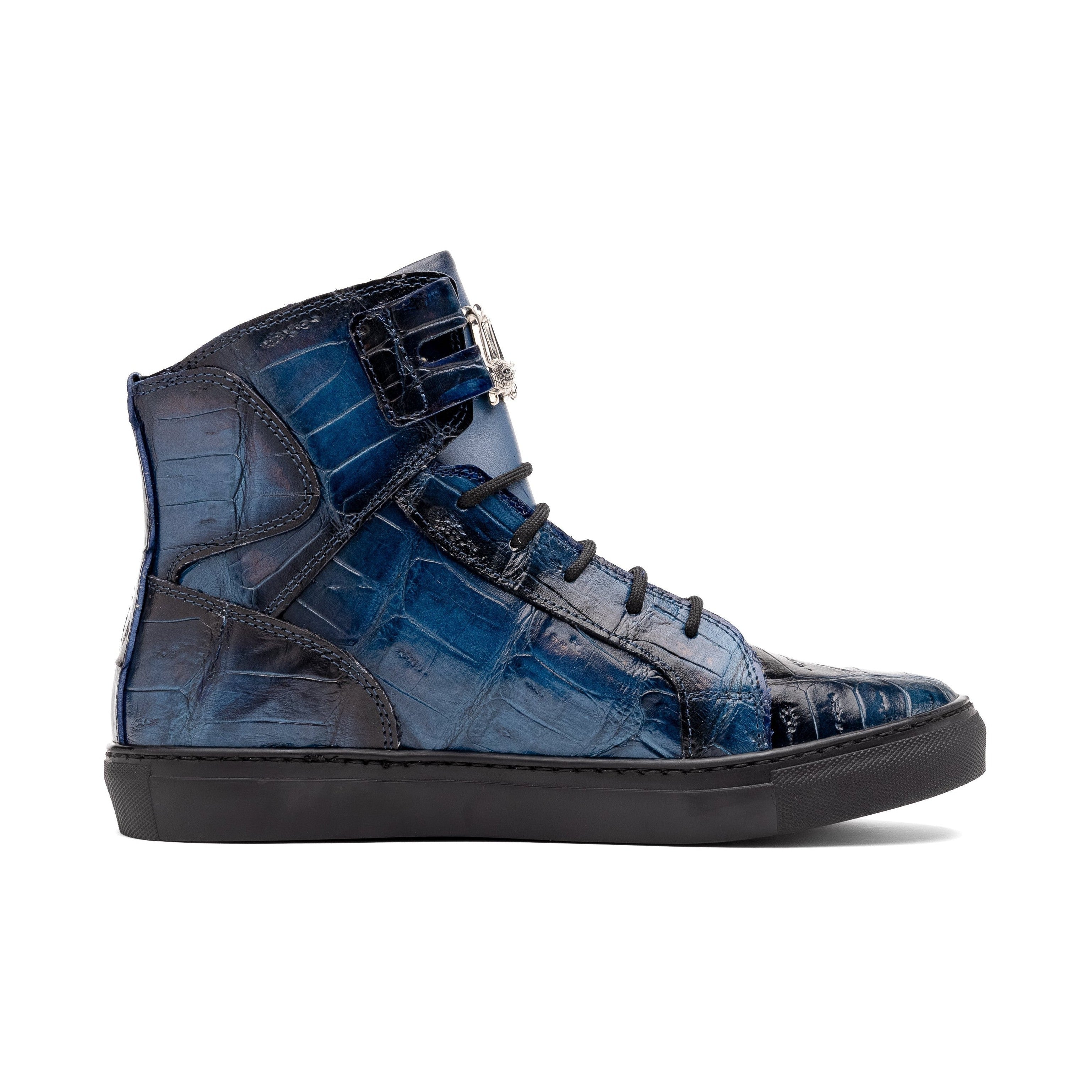 Mauri Golden Boy 6129-1 Men's Shoes Blue with Black Finished Exotic Crocodile / Nappa Leather High-Top Sneakers (MA5573)