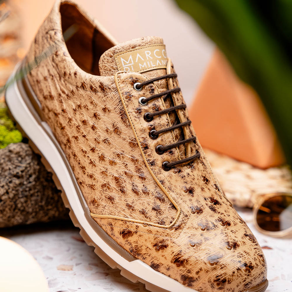 Marco Di Milano Scanno Men's Shoes Orix Cream Exotic Ostich Casual Sneakers (MDM1047)