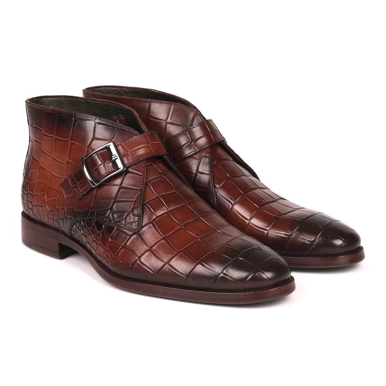 Paul Parkman 8638-BRW Men's Shoes Brown Crocodile Print / Calf-Skin Leather Monk-Strap Ankle Boots(PM6254)
